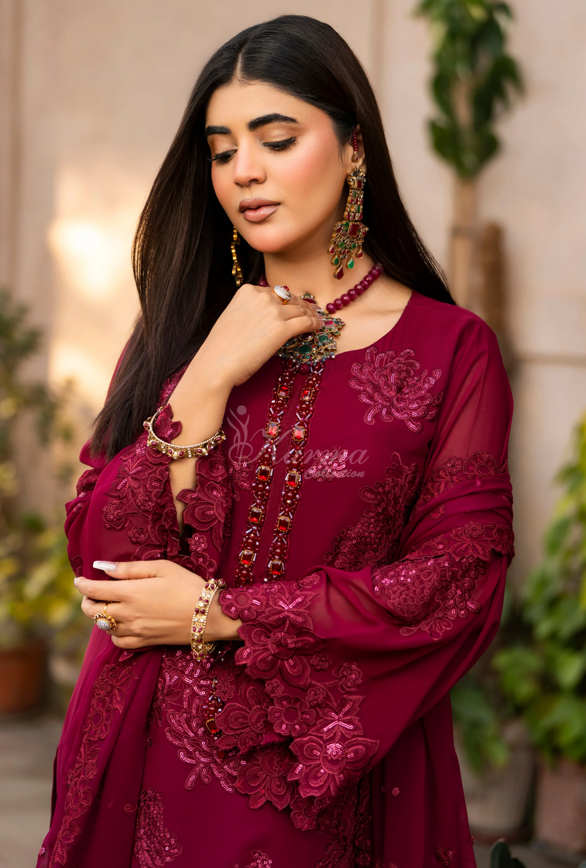 Chiffon 3 Piece Embroidered Hayat Karma Collection CRIMSON VELVEТ F-497