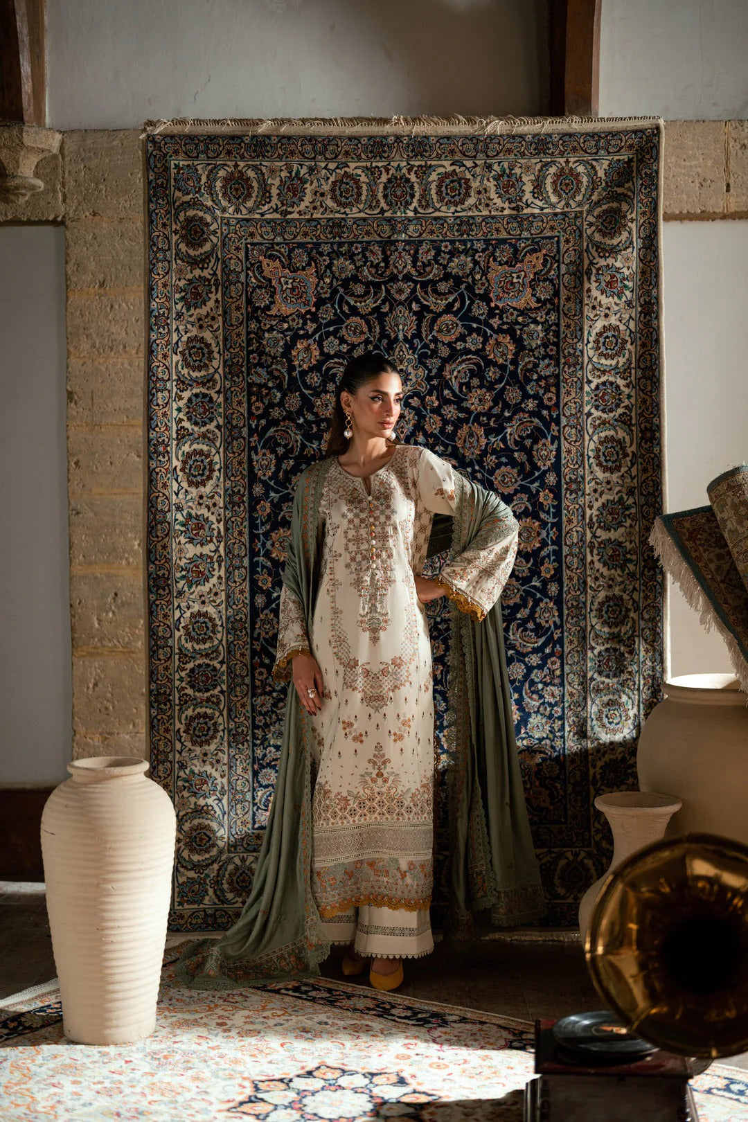 Florent shades-of-winter 3 piece stitched suit Embroidered Shirt With Embroidered Shawl FWS - 1A