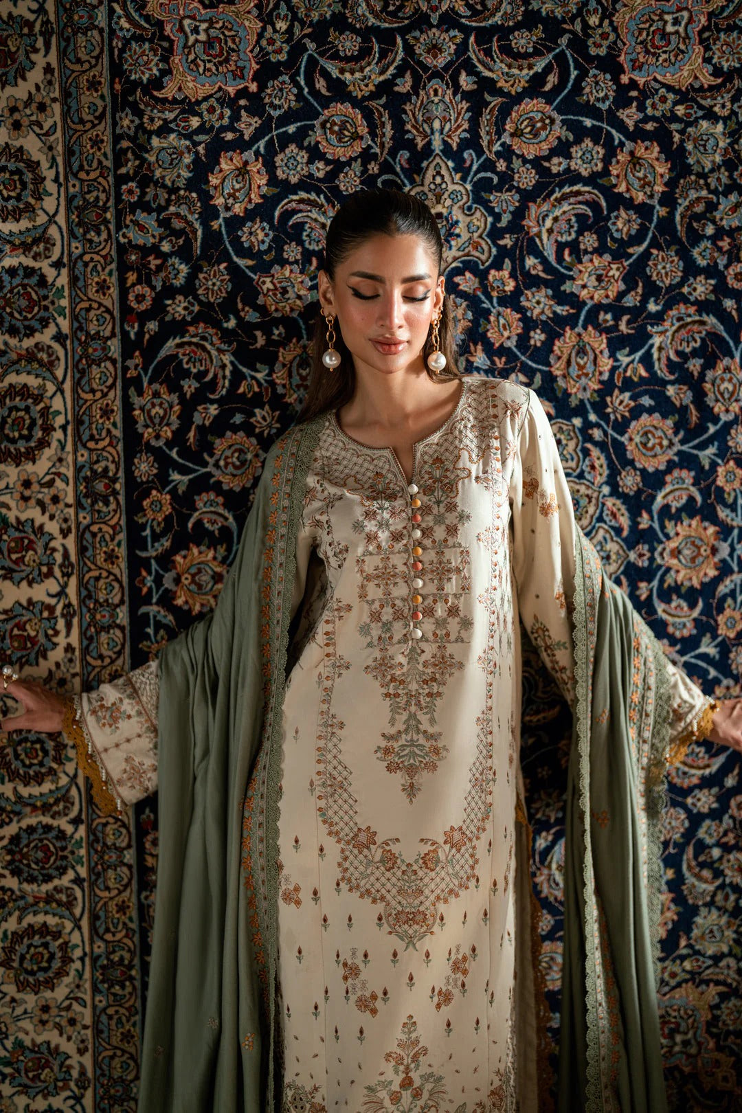 Florent shades-of-winter 3 piece stitched suit Embroidered Shirt With Embroidered Shawl FWS - 1A