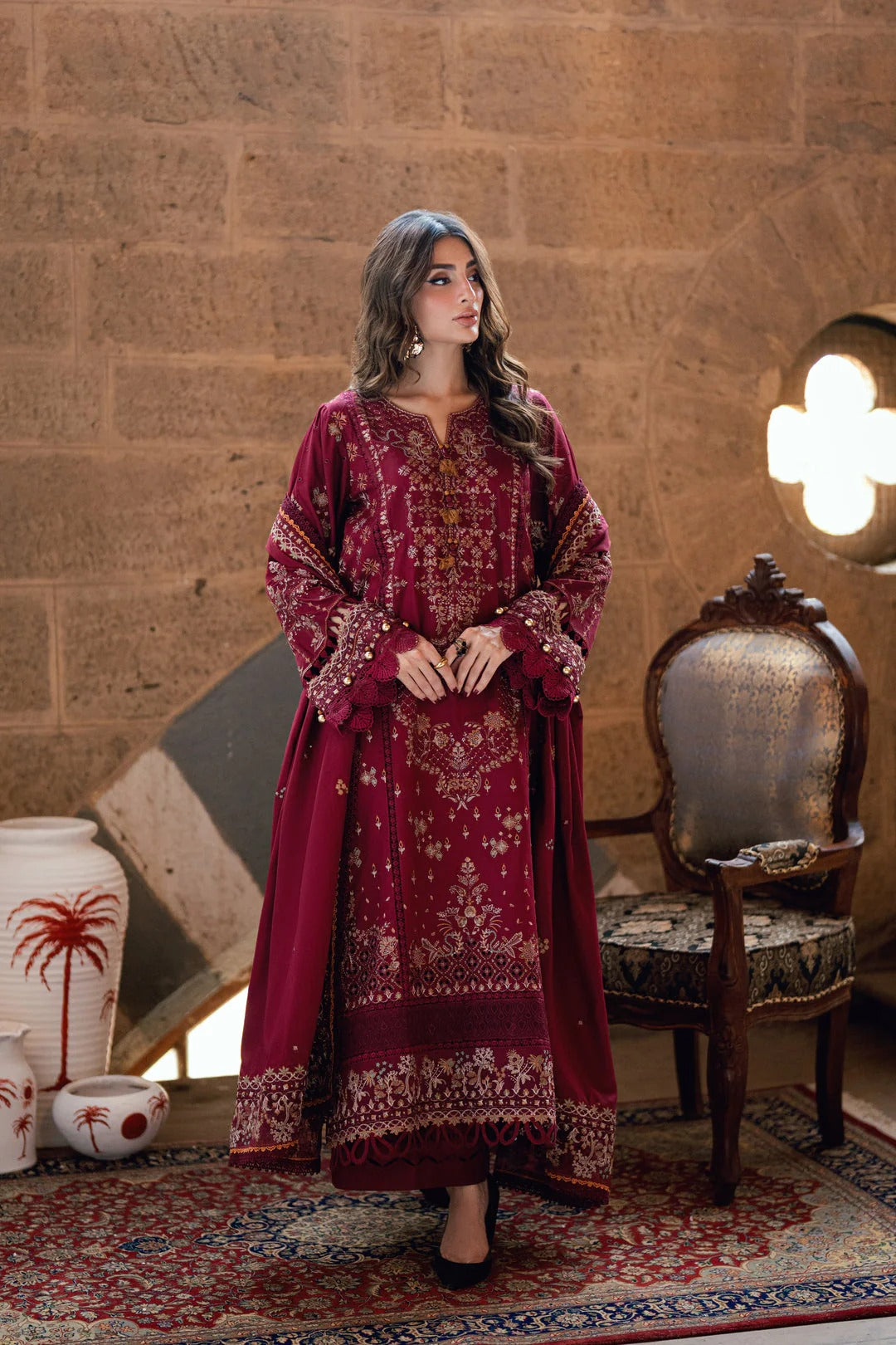Florent shades-of-winter 3 piece stitched suit Embroidered Shirt With Embroidered Shawl FWS - 1B