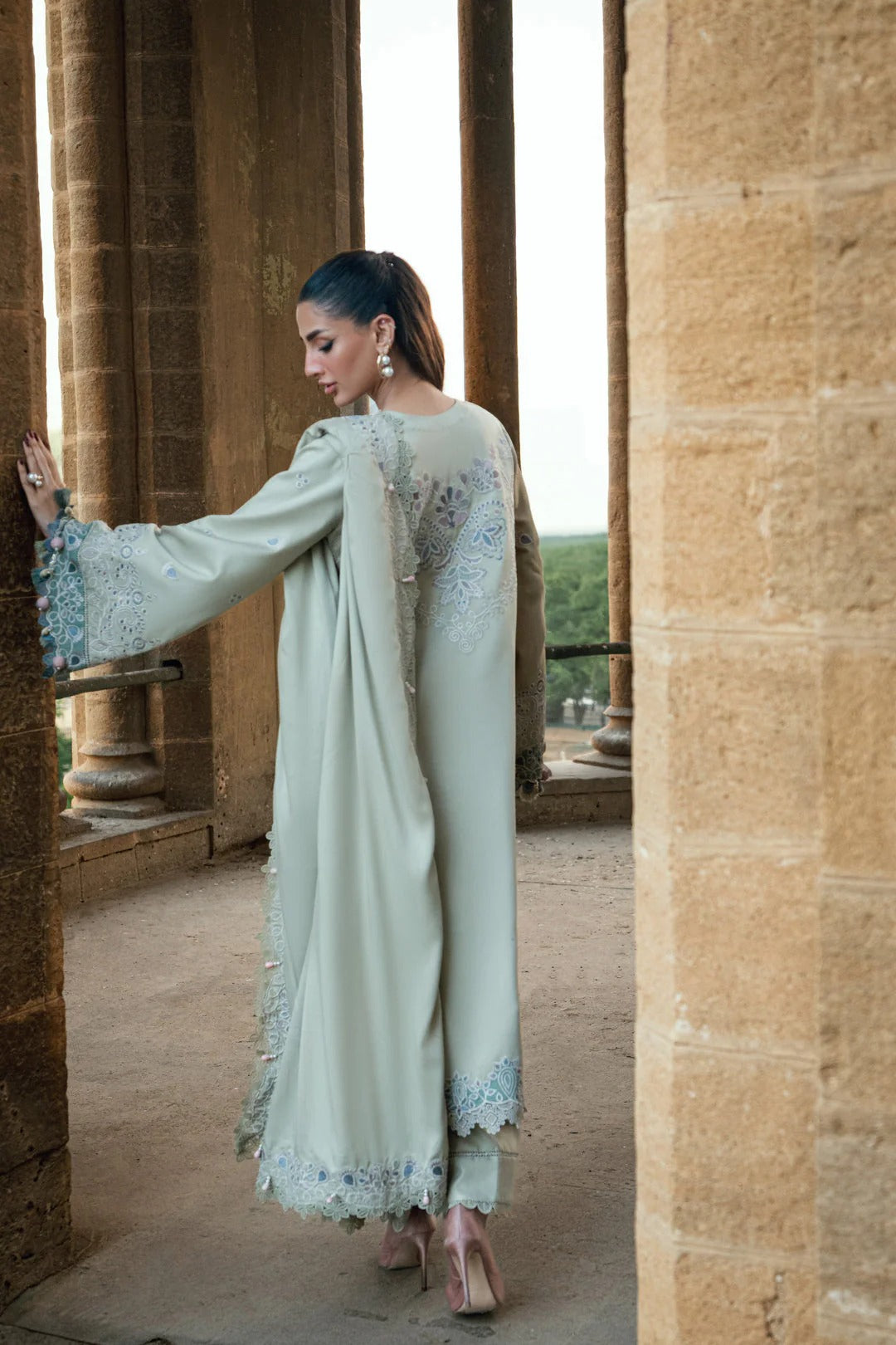 Florent shades-of-winter 3 piece stitched suit Embroidered Shirt With Embroidered Shawl FWS - 8A