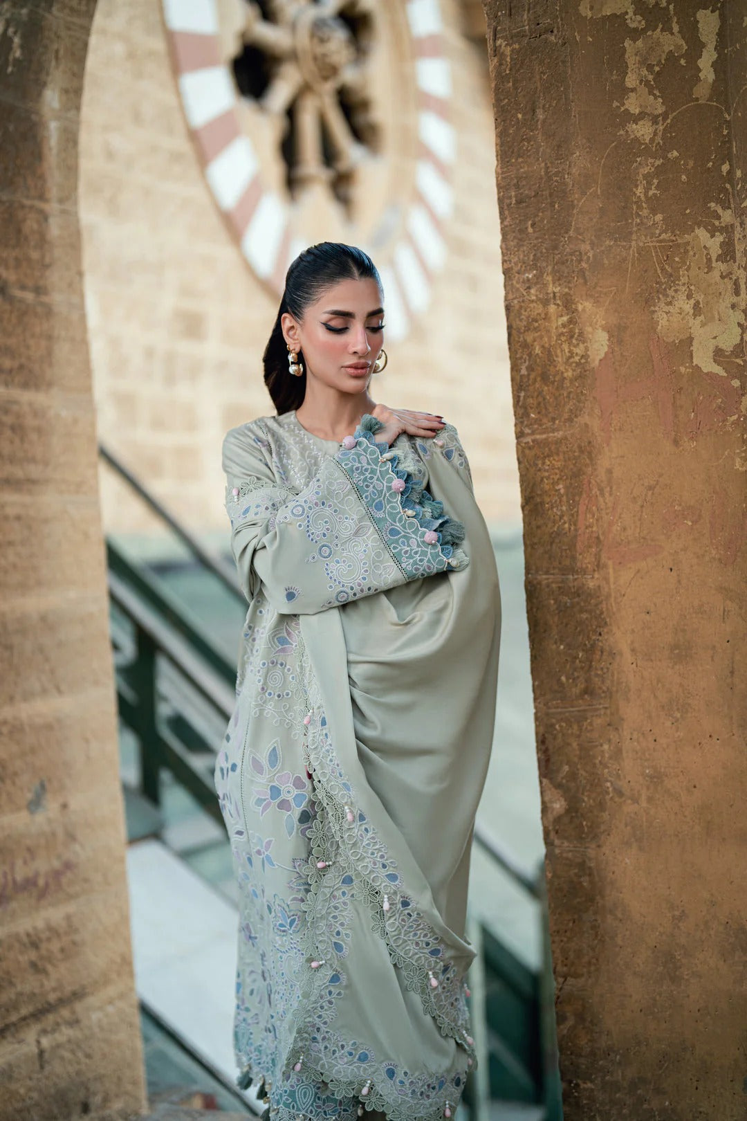 Florent shades-of-winter 3 piece stitched suit Embroidered Shirt With Embroidered Shawl FWS - 8A