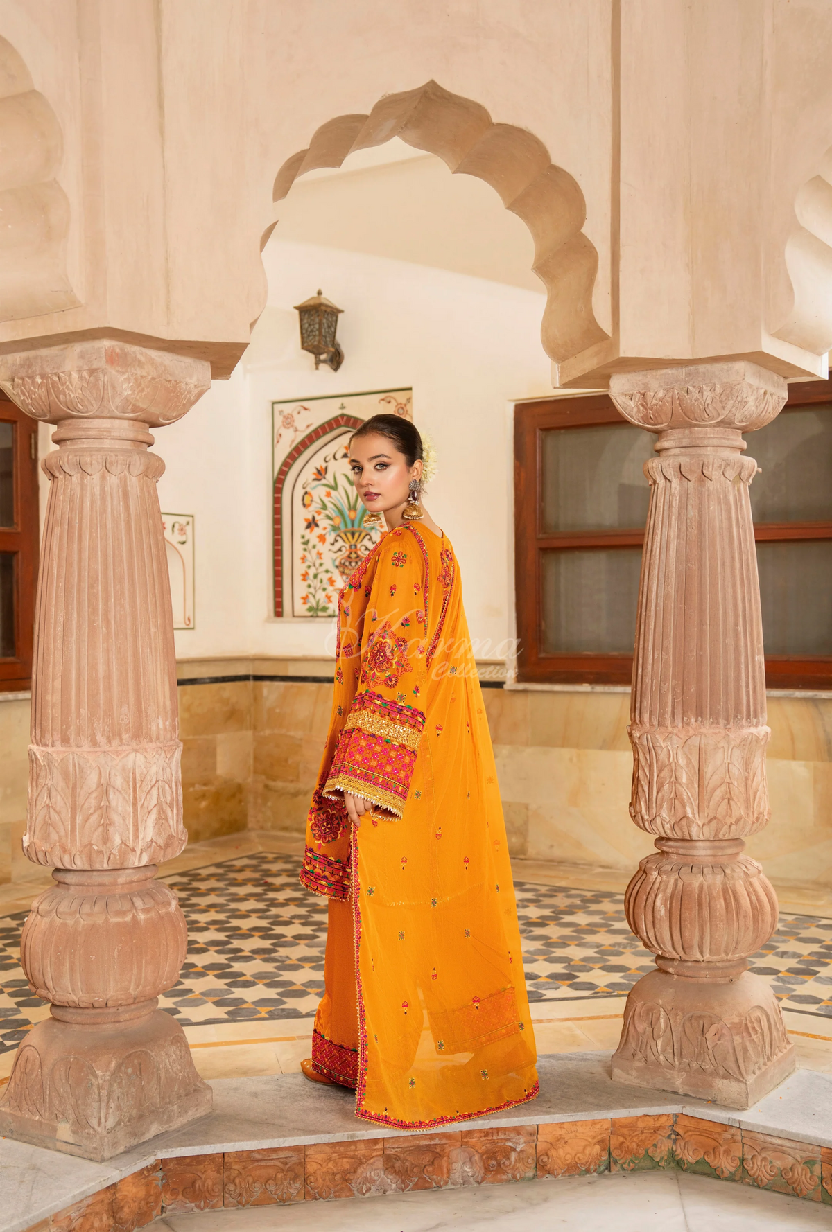 Chiffon 3 Piece Embroidered Hayat Karma Collection GOLDENROD F-492