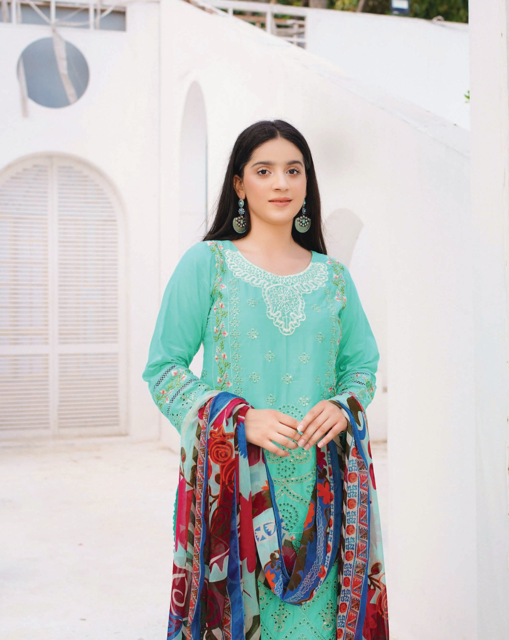 3 Piece Cotton Chickenkari Embroidered With Boring Work Digital Print Chiffon Dupatta & Dyed Trouser Stitched