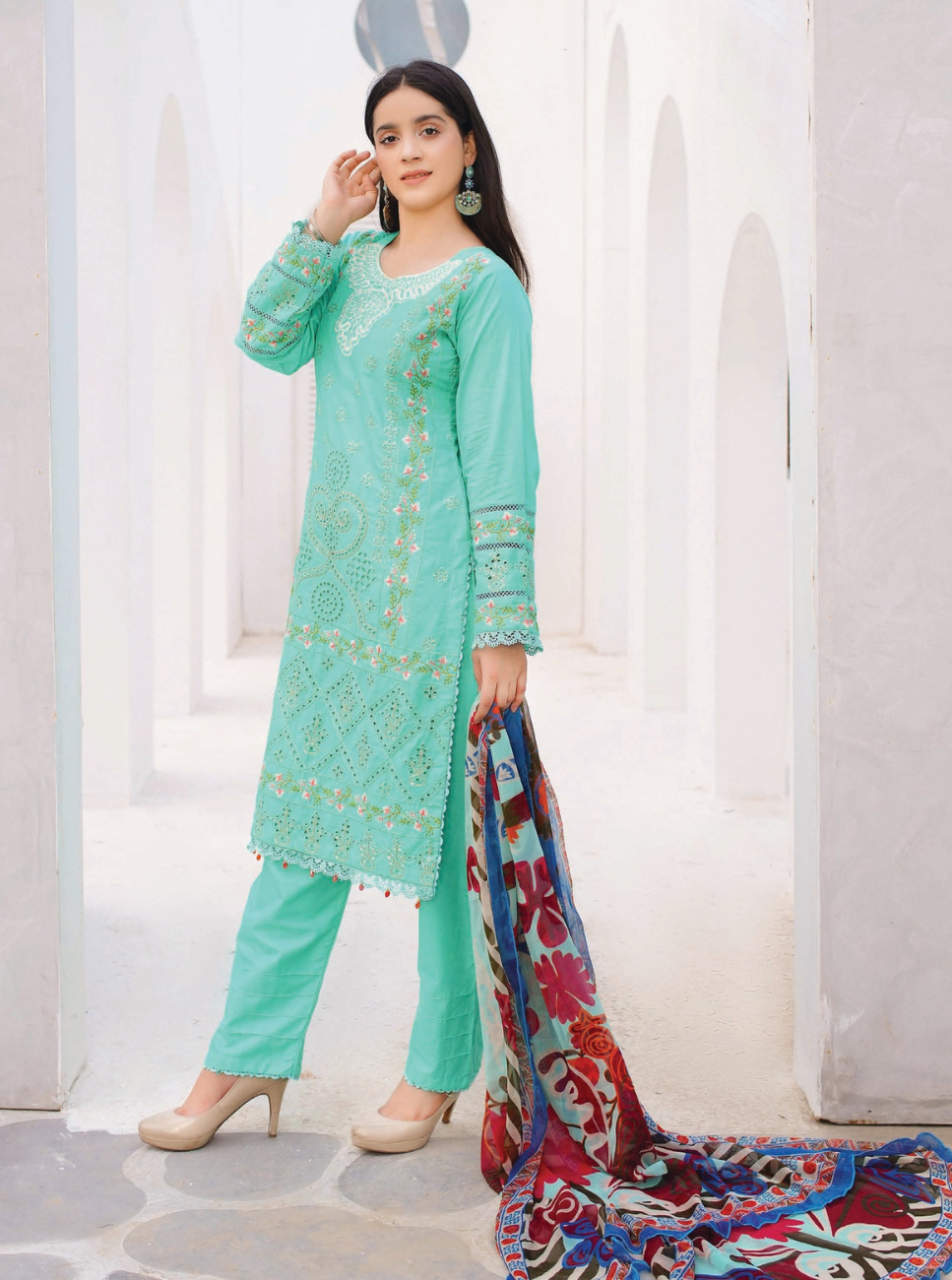 3 Piece Cotton Chickenkari Embroidered With Boring Work Digital Print Chiffon Dupatta & Dyed Trouser Stitched