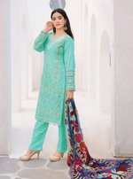 3 Piece Cotton Chickenkari Embroidered With Boring Work Digital Print Chiffon Dupatta & Dyed Trouser Stitched