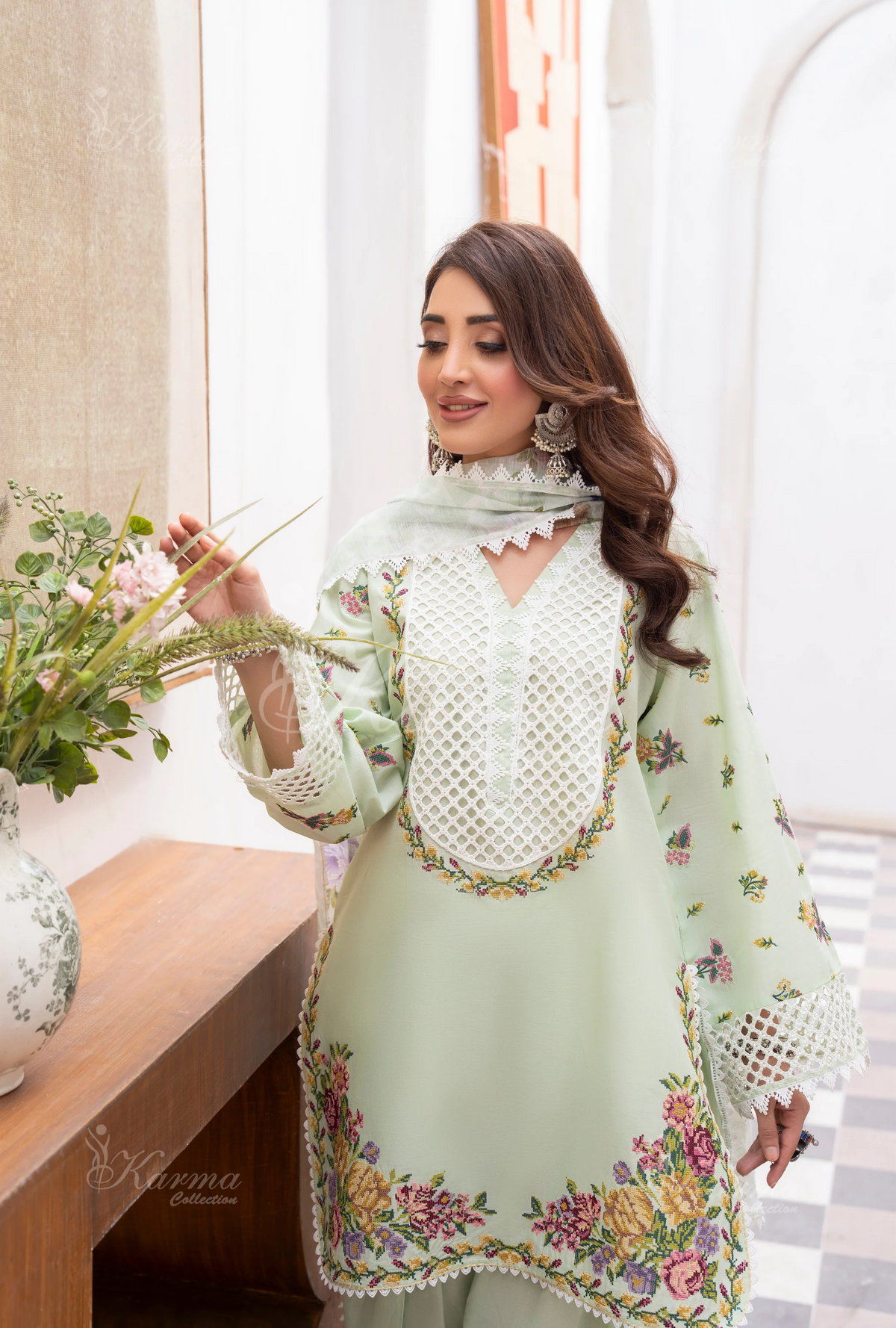 Farshi Shalwar with Embroidered Karma CollectionPISTACHIO GLOW SKU:KC-1480