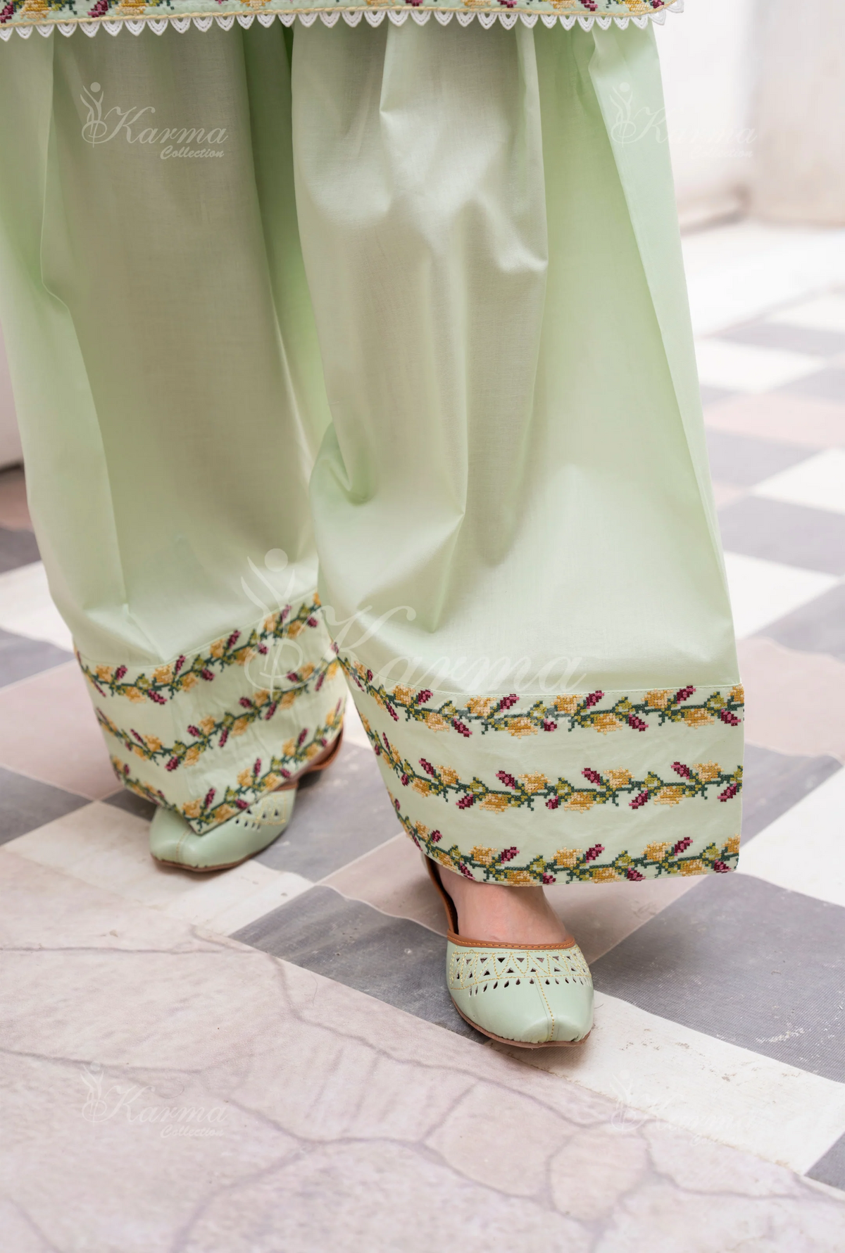 Farshi Shalwar with Embroidered Karma CollectionPISTACHIO GLOW SKU:KC-1480