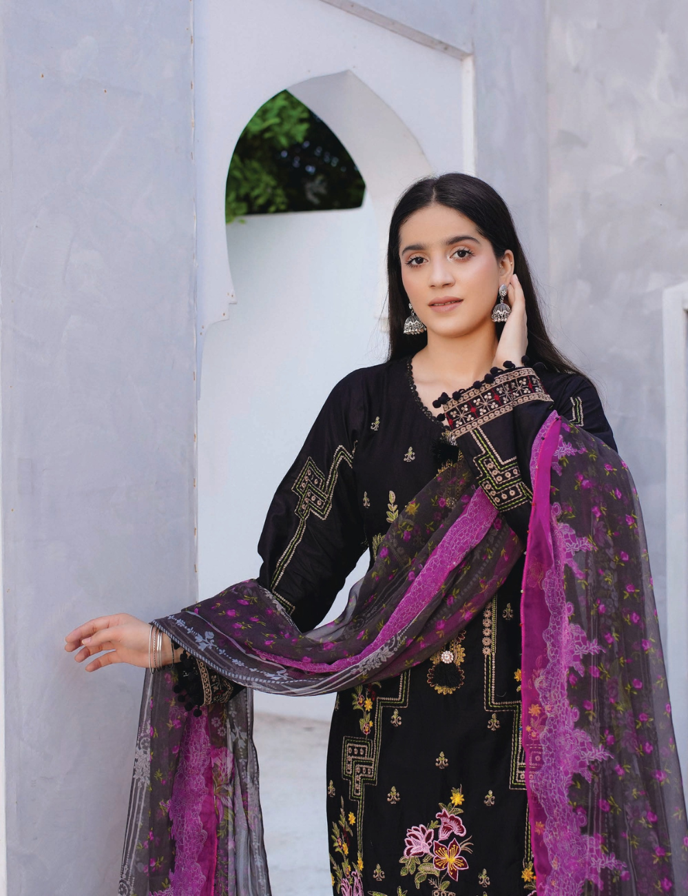 3 Piece Cotton Chickenkari Embroidered With Boring Work Digital Print Chiffon Dupatta & Dyed Trouser Stitched