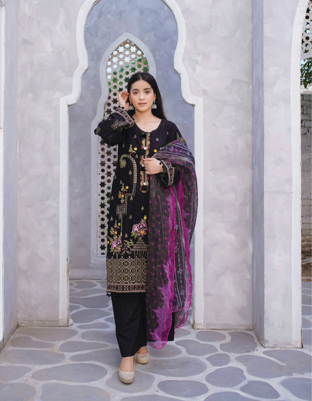 3 Piece Cotton Chickenkari Embroidered With Boring Work Digital Print Chiffon Dupatta & Dyed Trouser Stitched