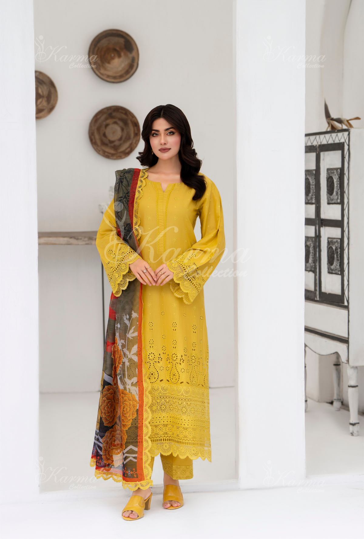 Afsana By KARMA COLLECTION (1385) Flaxen Mustard Chikankari Edit Latest Volume Causal 3 piece Suit