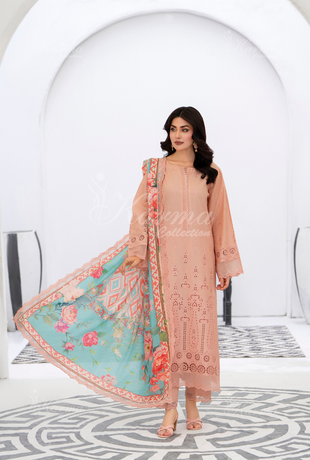 Afsana By KARMA COLLECTION (1390) Light SalmonChikankari Edit Latest Volume Causal 3 piece Suit