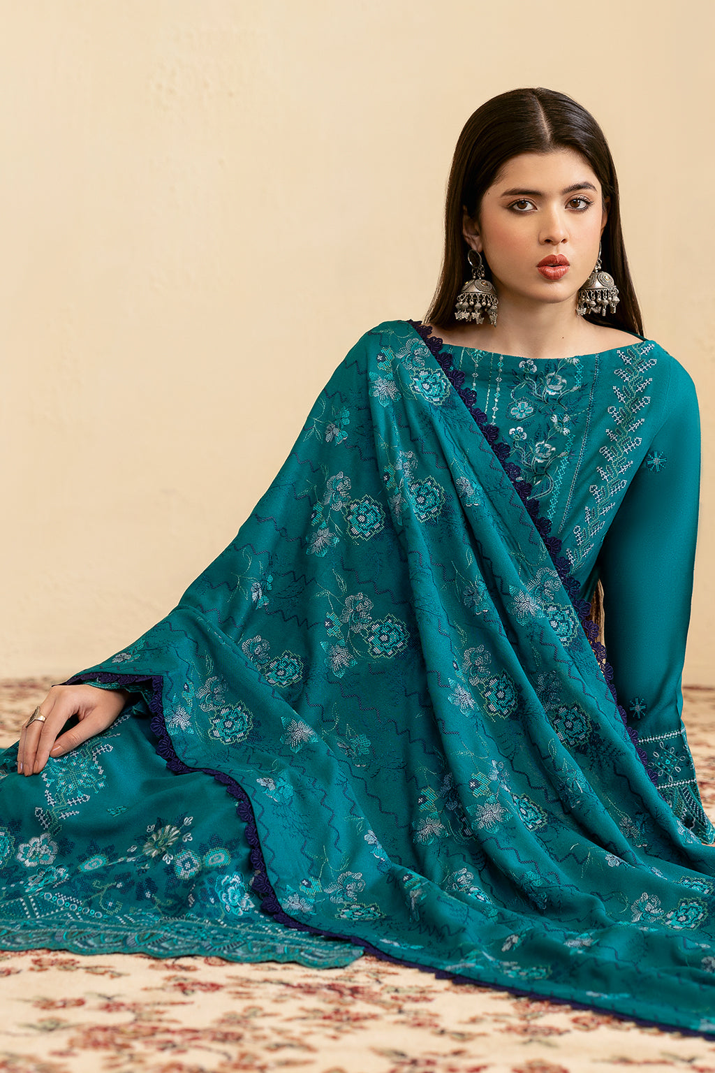 Reet By Ramsha - Three piece embroidered karandi suits with embroidered karandi shawls stitched & embellished | Original Ramsha Karandi Collection 2024 | R-1206