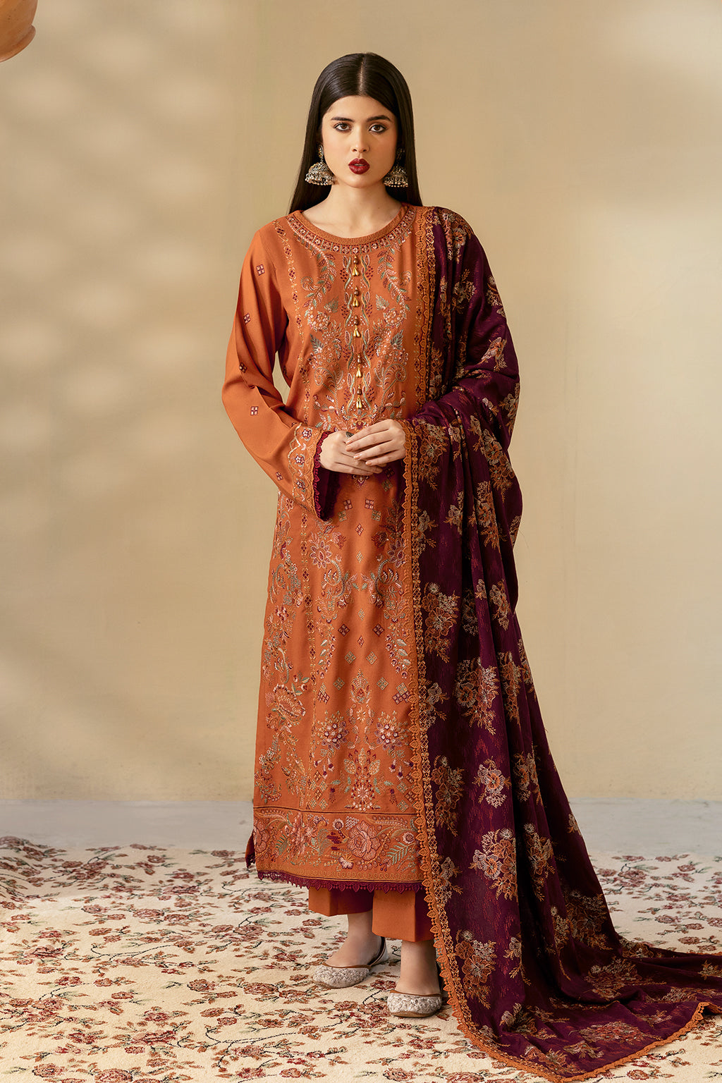 Reet By Ramsha - Three piece embroidered karandi suits with embroidered karandi shawls stitched & embellished | Original Ramsha Karandi Collection 2024 | R-1208