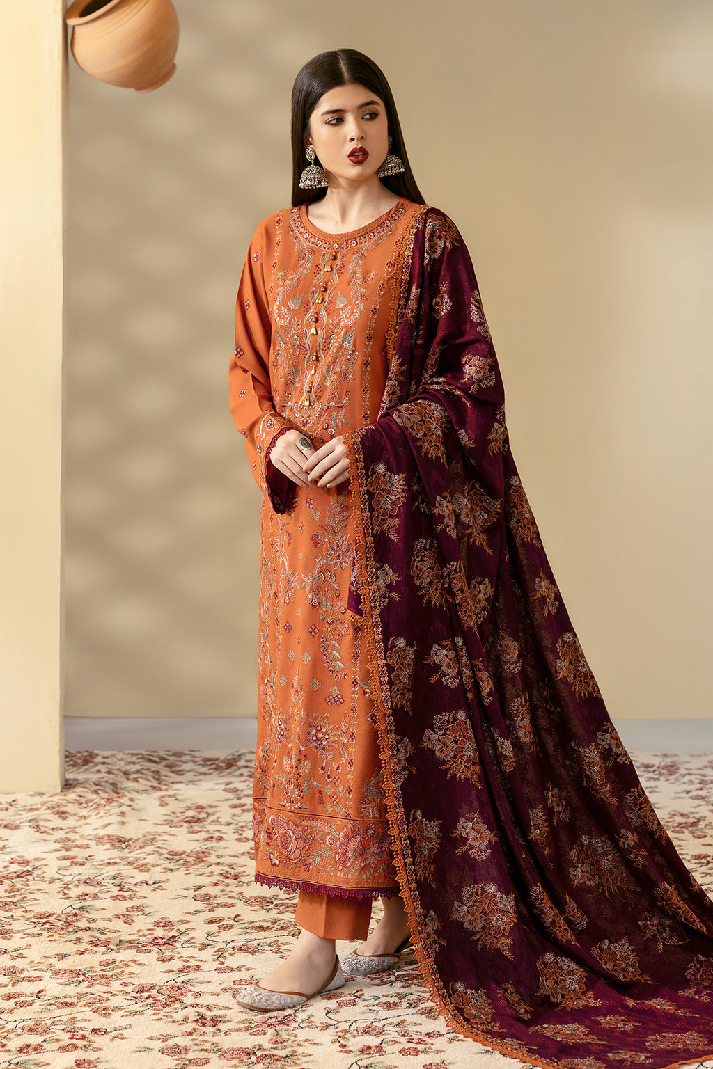 Reet By Ramsha - Three piece embroidered karandi suits with embroidered karandi shawls stitched & embellished | Original Ramsha Karandi Collection 2024 | R-1208