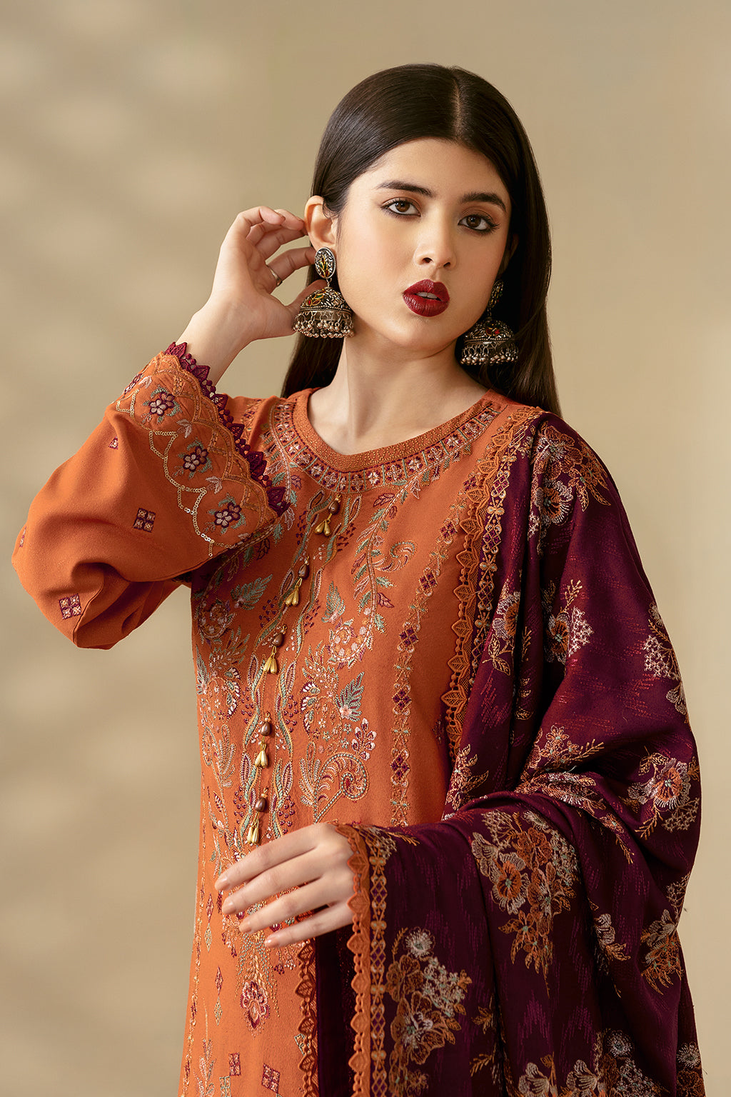 Reet By Ramsha - Three piece embroidered karandi suits with embroidered karandi shawls stitched & embellished | Original Ramsha Karandi Collection 2024 | R-1208