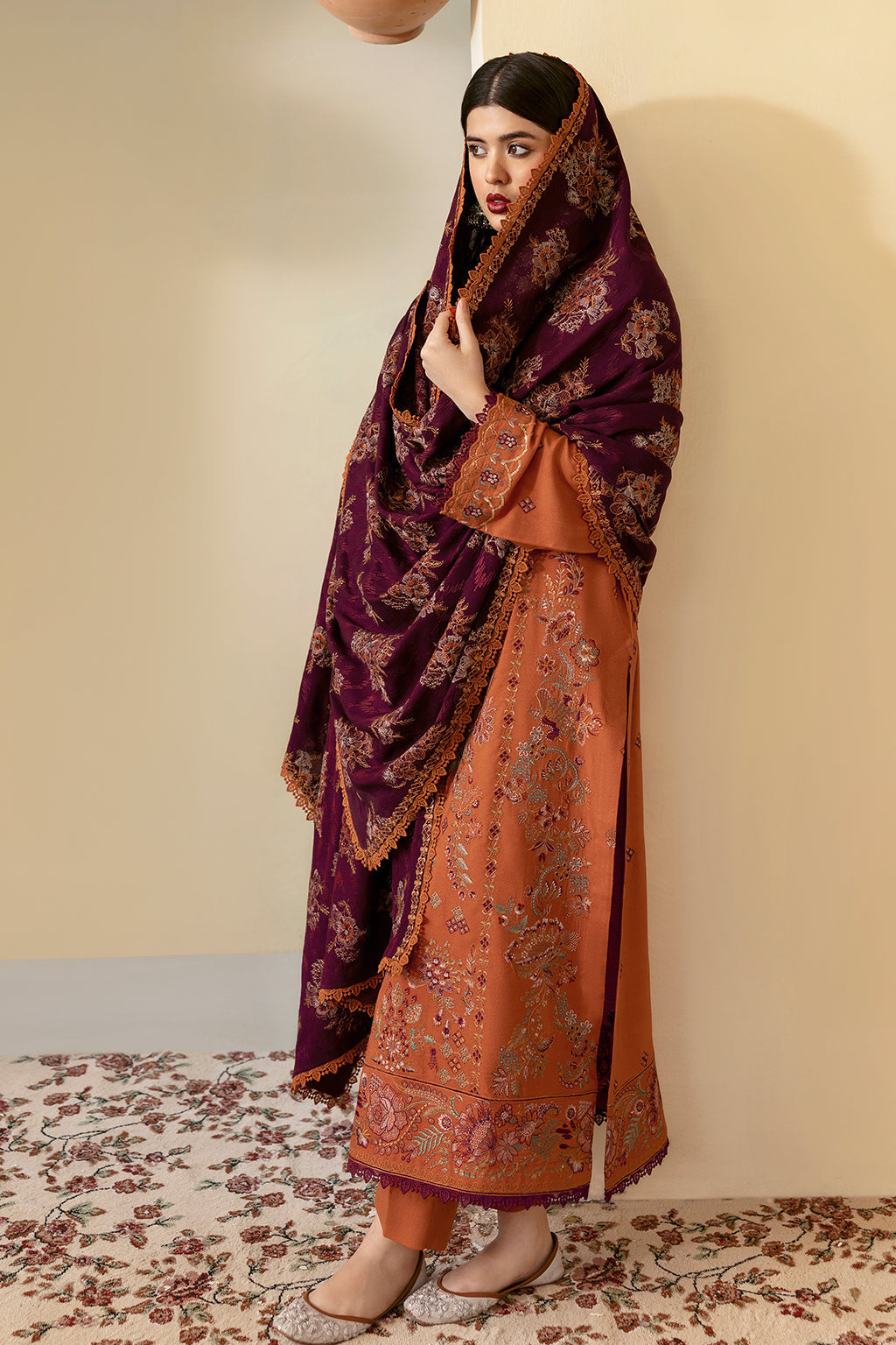 Reet By Ramsha - Three piece embroidered karandi suits with embroidered karandi shawls stitched & embellished | Original Ramsha Karandi Collection 2024 | R-1208