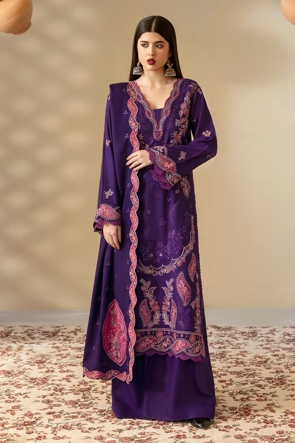 Reet By Ramsha - Three piece embroidered karandi suits with embroidered karandi shawls stitched & embellished | Original Ramsha Karandi Collection 2024 | R-1203