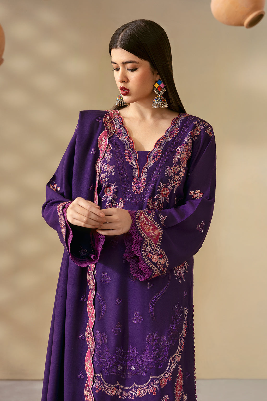 Reet By Ramsha - Three piece embroidered karandi suits with embroidered karandi shawls stitched & embellished | Original Ramsha Karandi Collection 2024 | R-1203