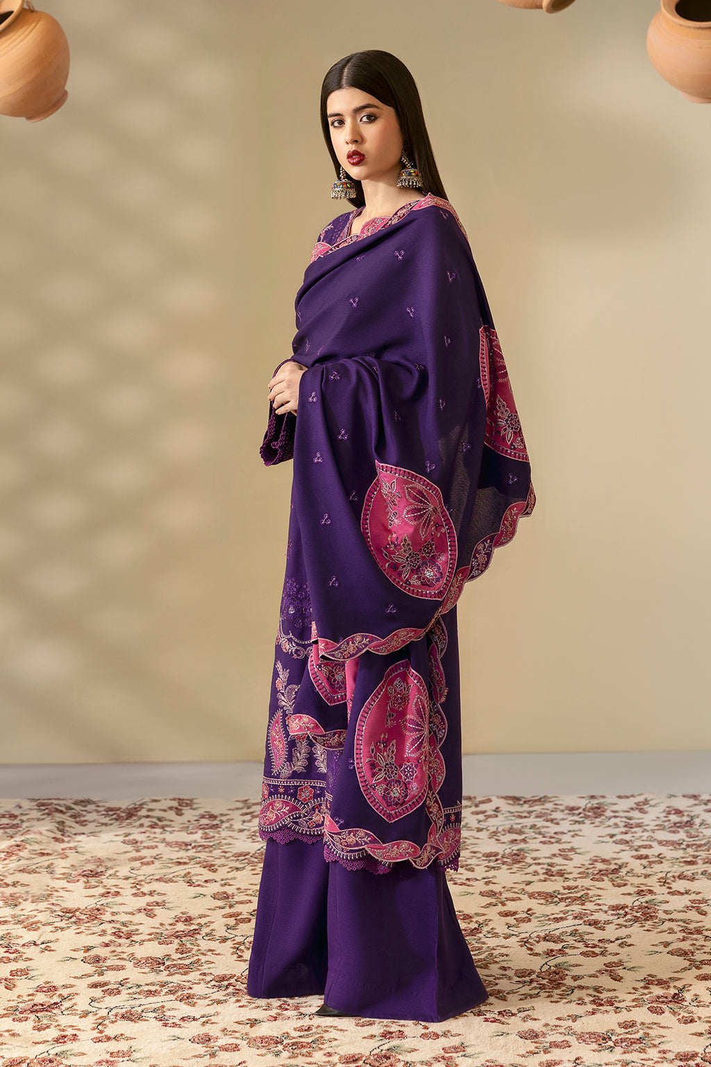 Reet By Ramsha - Three piece embroidered karandi suits with embroidered karandi shawls stitched & embellished | Original Ramsha Karandi Collection 2024 | R-1203
