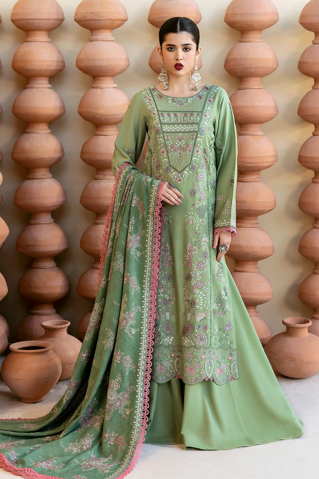 Reet By Ramsha - Three piece embroidered karandi suits with embroidered karandi shawls stitched & embellished | Original Ramsha Karandi Collection 2024 | R-1209