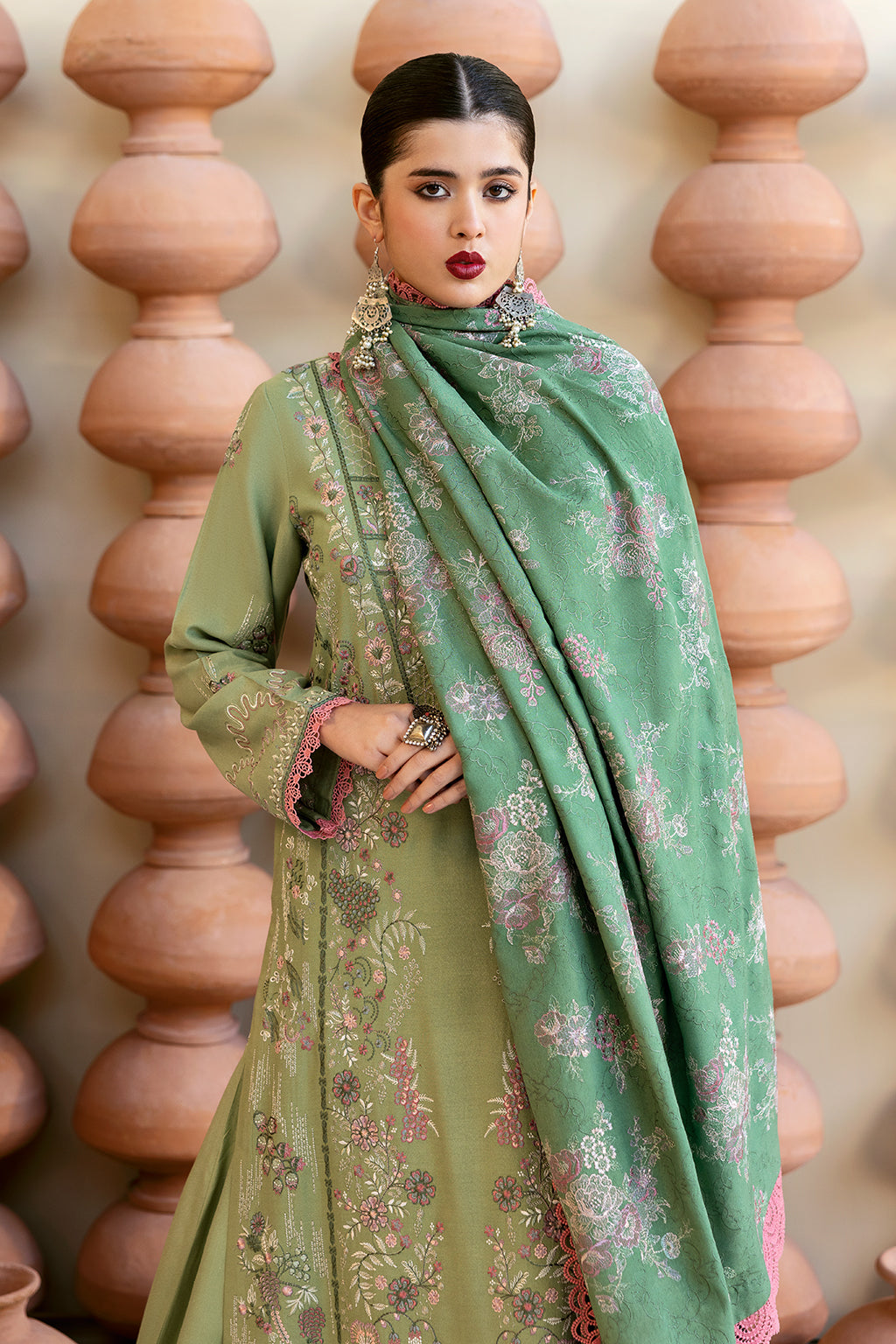 Reet By Ramsha - Three piece embroidered karandi suits with embroidered karandi shawls stitched & embellished | Original Ramsha Karandi Collection 2024 | R-1209