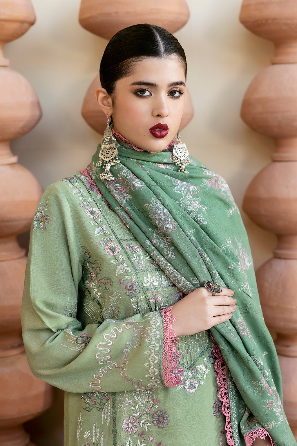 Reet By Ramsha - Three piece embroidered karandi suits with embroidered karandi shawls stitched & embellished | Original Ramsha Karandi Collection 2024 | R-1209