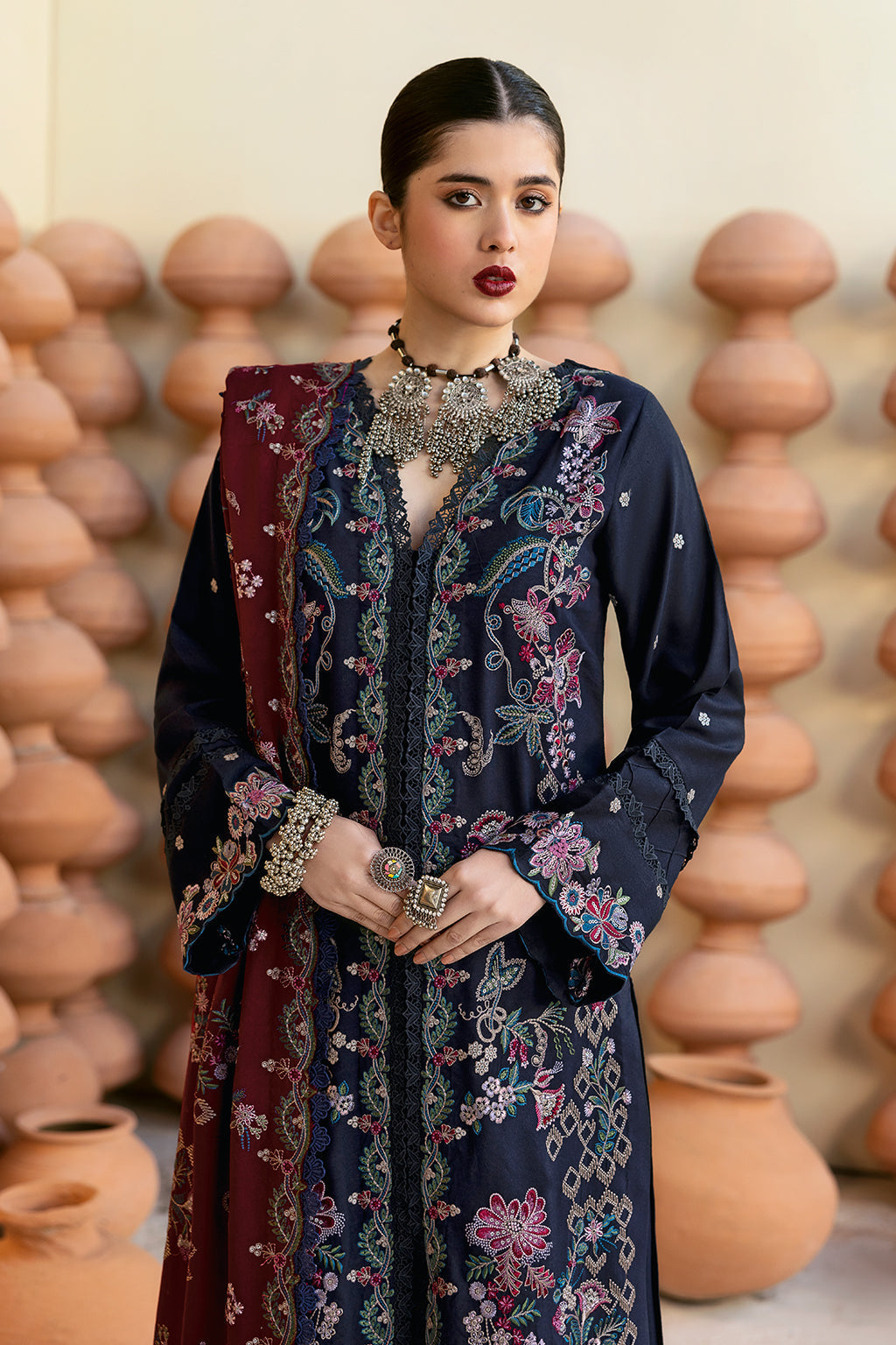 Reet By Ramsha - Three piece embroidered karandi suits with embroidered karandi shawls stitched & embellished | Original Ramsha Karandi Collection 2024 | R-1202