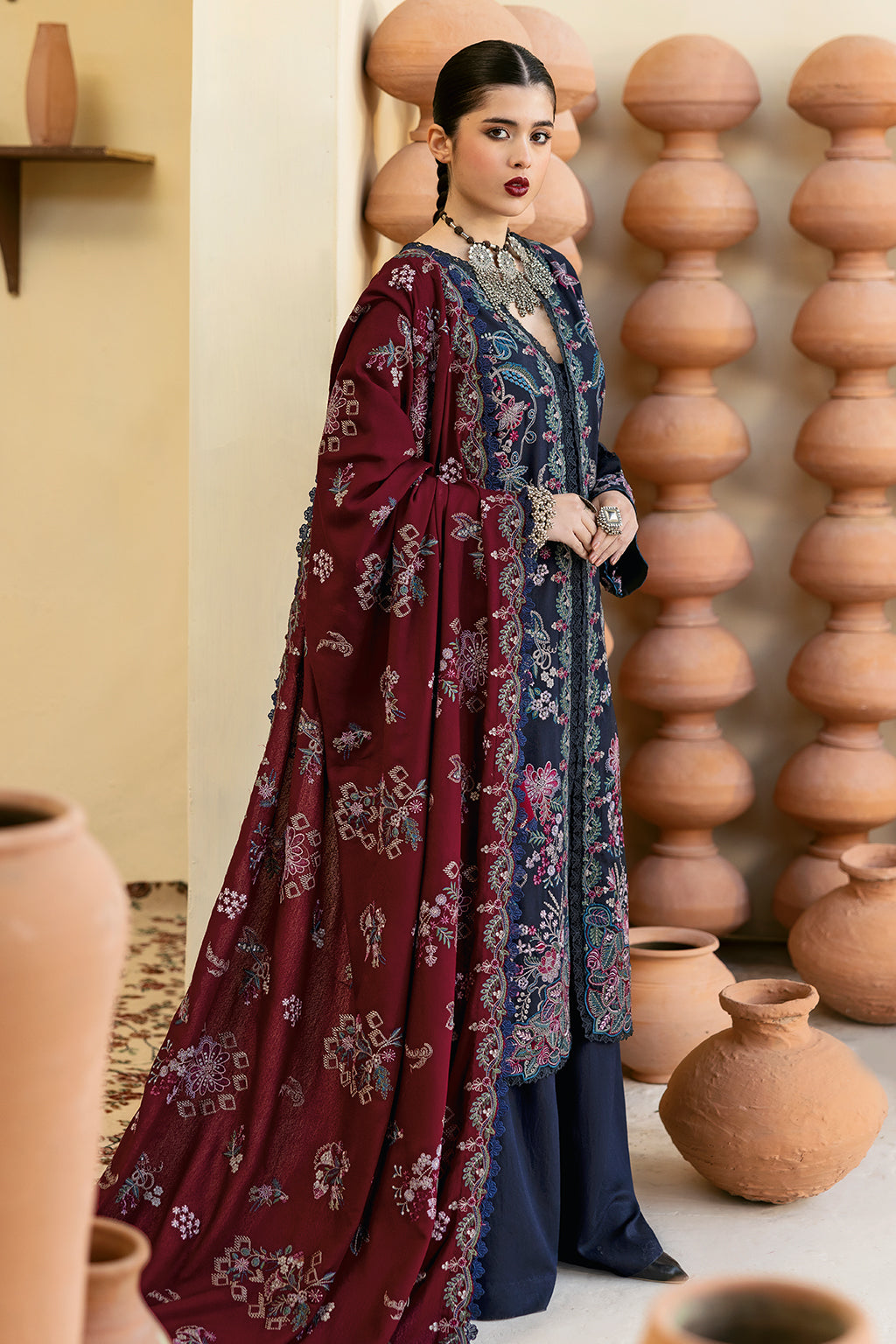 Reet By Ramsha - Three piece embroidered karandi suits with embroidered karandi shawls stitched & embellished | Original Ramsha Karandi Collection 2024 | R-1202