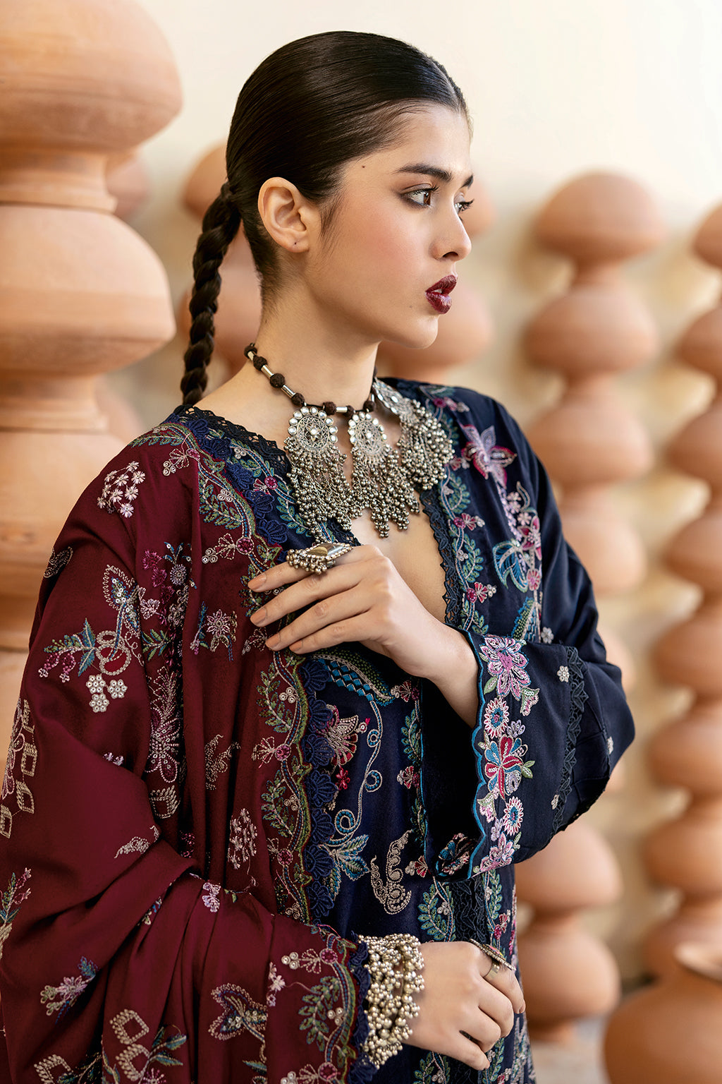 Reet By Ramsha - Three piece embroidered karandi suits with embroidered karandi shawls stitched & embellished | Original Ramsha Karandi Collection 2024 | R-1202