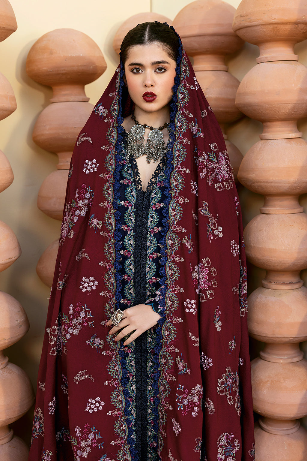 Reet By Ramsha - Three piece embroidered karandi suits with embroidered karandi shawls stitched & embellished | Original Ramsha Karandi Collection 2024 | R-1202