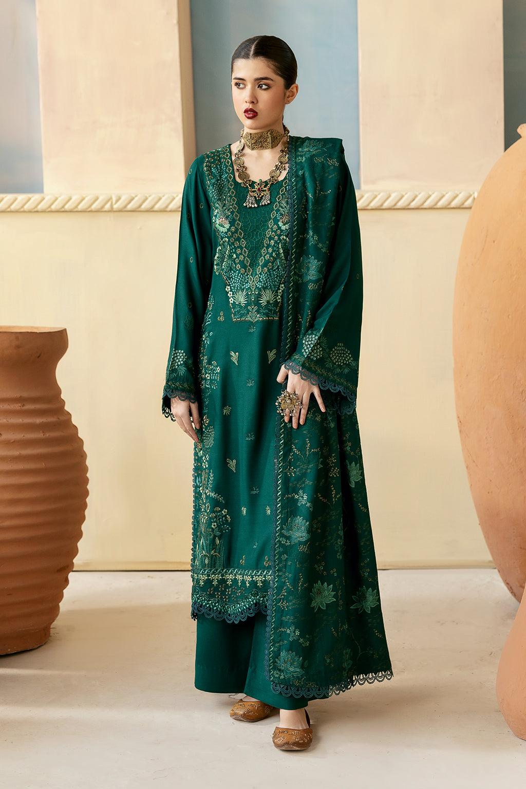 Reet By Ramsha - Three piece embroidered karandi suits with embroidered karandi shawls stitched & embellished | Original Ramsha Karandi Collection 2024 | R-1201