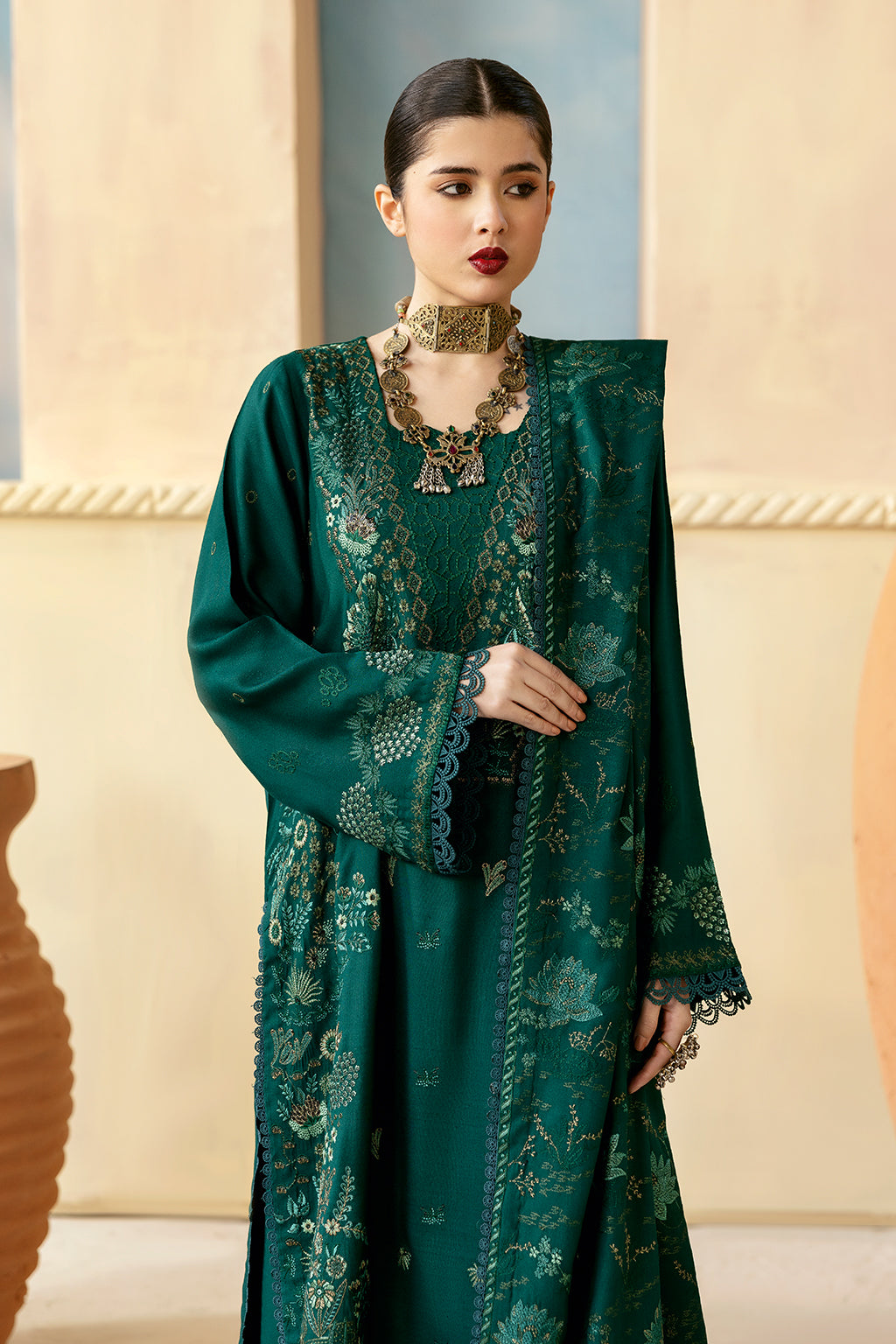Reet By Ramsha - Three piece embroidered karandi suits with embroidered karandi shawls stitched & embellished | Original Ramsha Karandi Collection 2024 | R-1201