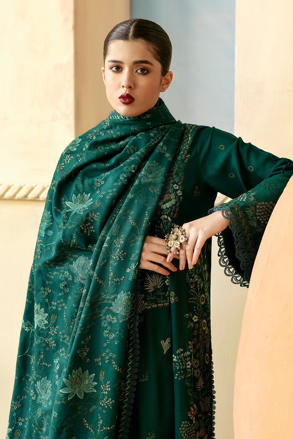 Reet By Ramsha - Three piece embroidered karandi suits with embroidered karandi shawls stitched & embellished | Original Ramsha Karandi Collection 2024 | R-1201