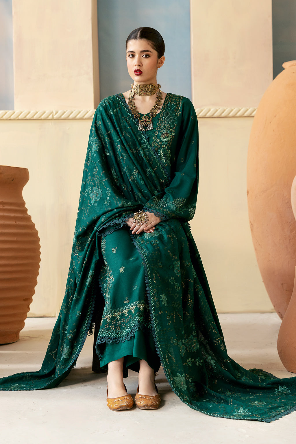 Reet By Ramsha - Three piece embroidered karandi suits with embroidered karandi shawls stitched & embellished | Original Ramsha Karandi Collection 2024 | R-1201