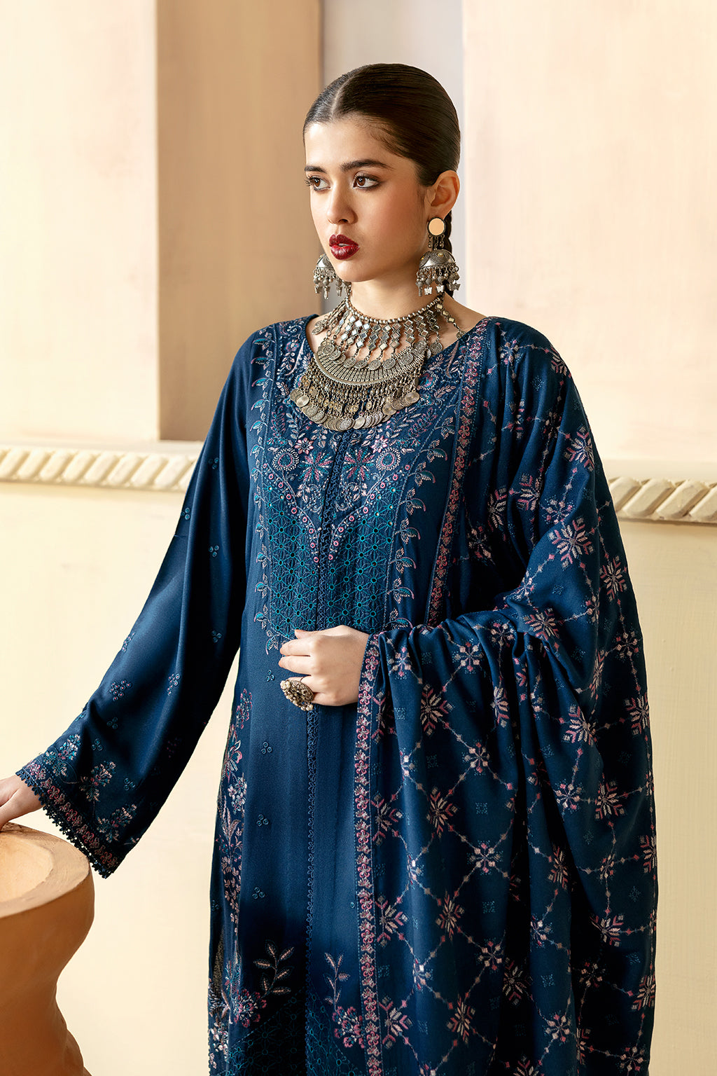 Reet By Ramsha - Three piece embroidered karandi suits with embroidered karandi shawls stitched & embellished | Original Ramsha Karandi Collection 2024 | R-1210