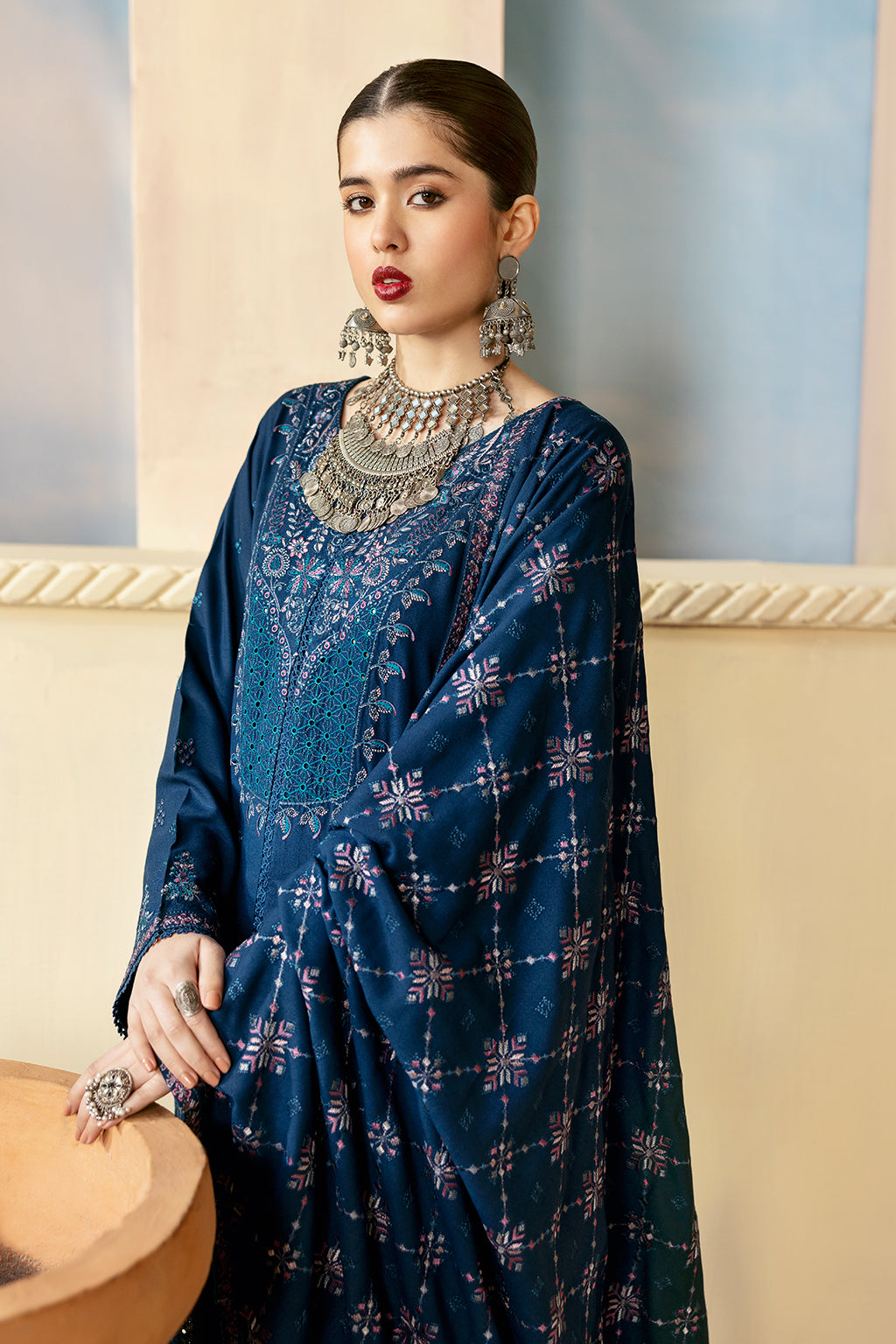 Reet By Ramsha - Three piece embroidered karandi suits with embroidered karandi shawls stitched & embellished | Original Ramsha Karandi Collection 2024 | R-1210