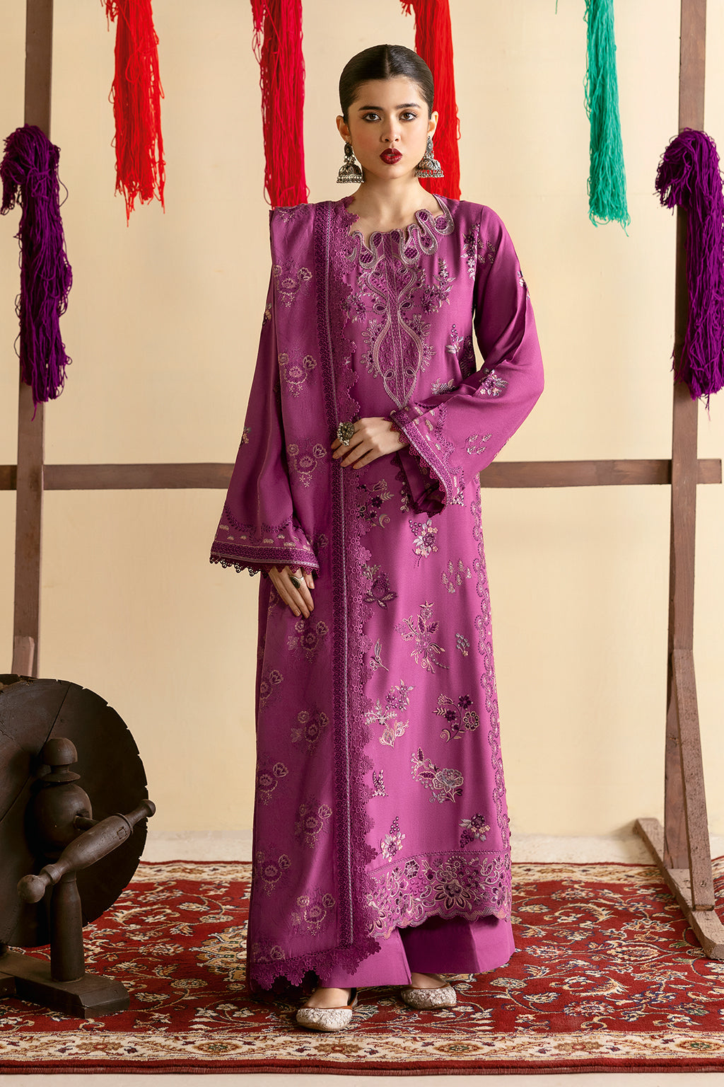 Reet By Ramsha - Three piece embroidered karandi suits with embroidered karandi shawls stitched & embellished | Original Ramsha Karandi Collection 2024 | R-1207