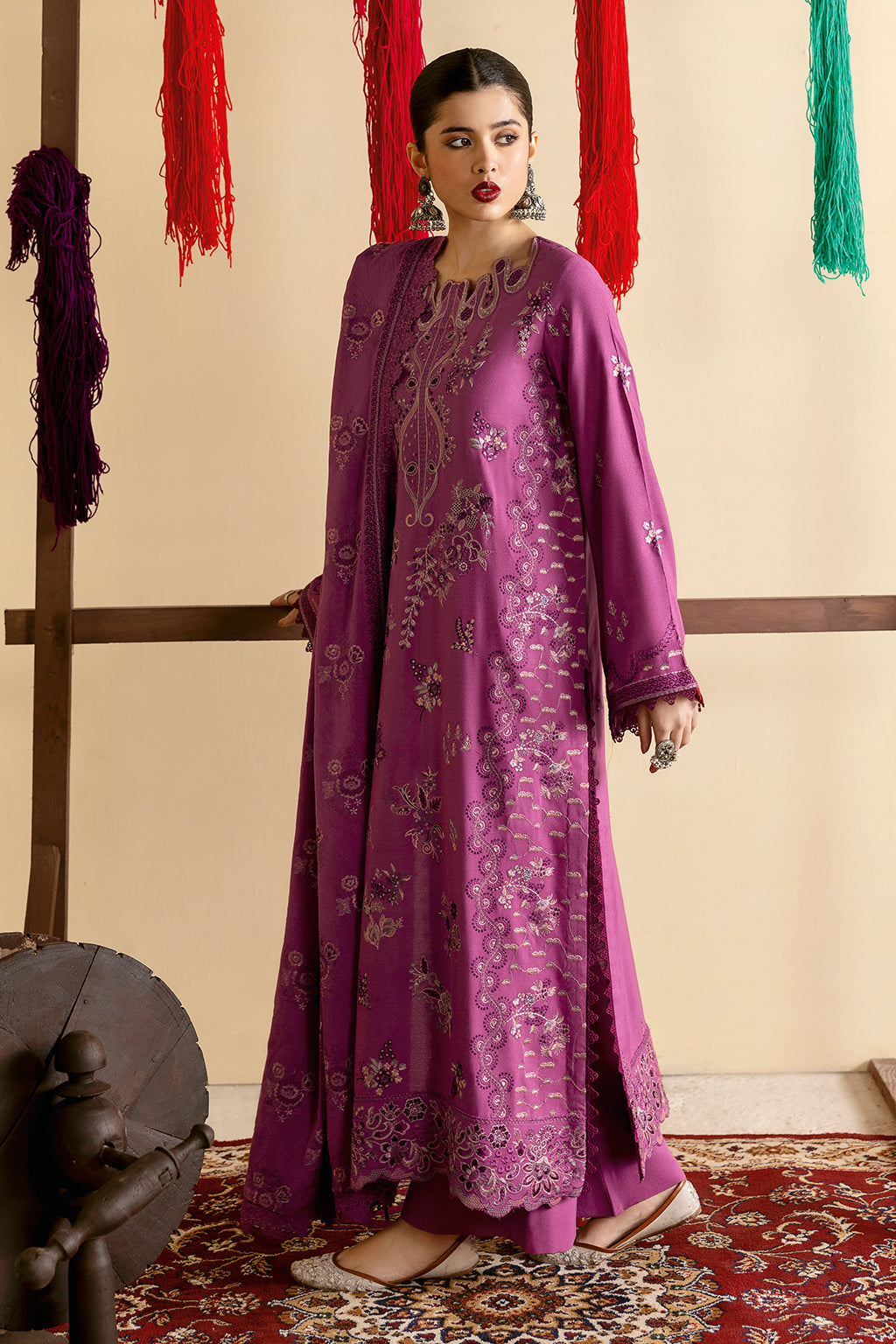 Reet By Ramsha - Three piece embroidered karandi suits with embroidered karandi shawls stitched & embellished | Original Ramsha Karandi Collection 2024 | R-1207