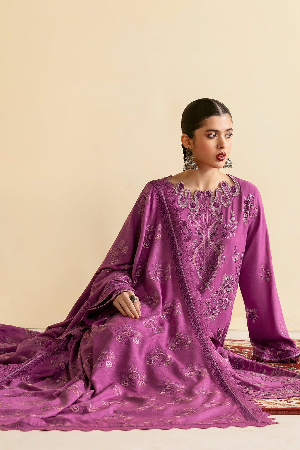 Reet By Ramsha - Three piece embroidered karandi suits with embroidered karandi shawls stitched & embellished | Original Ramsha Karandi Collection 2024 | R-1207