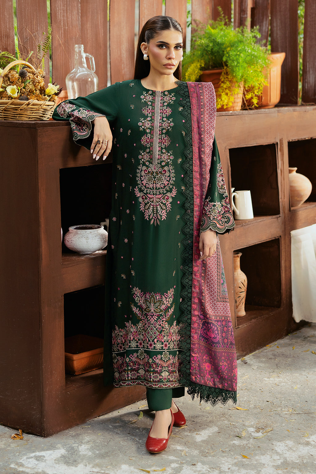 Reet By Ramsha - Three piece embroidered karandi suits with embroidered karandi shawls stitched & embellished | Original Ramsha Karandi Collection 2024 | R-1108