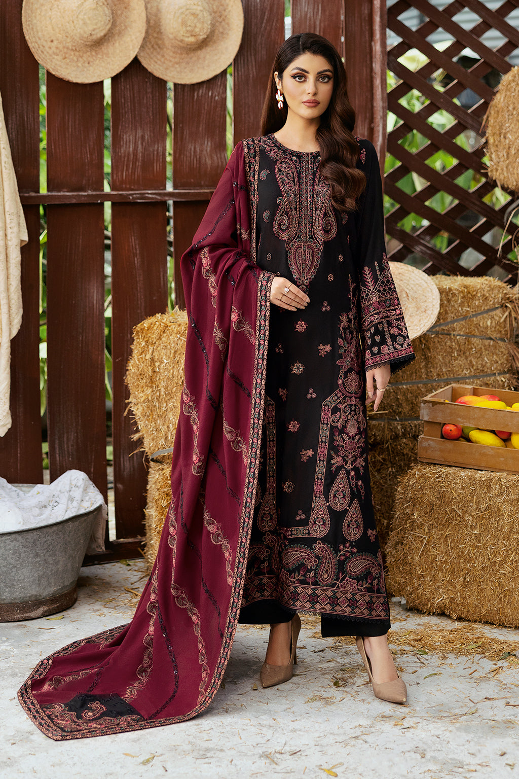 Reet By Ramsha - Three piece embroidered karandi suits with embroidered karandi shawls stitched & embellished | Original Ramsha Karandi Collection 2024 | R-1104