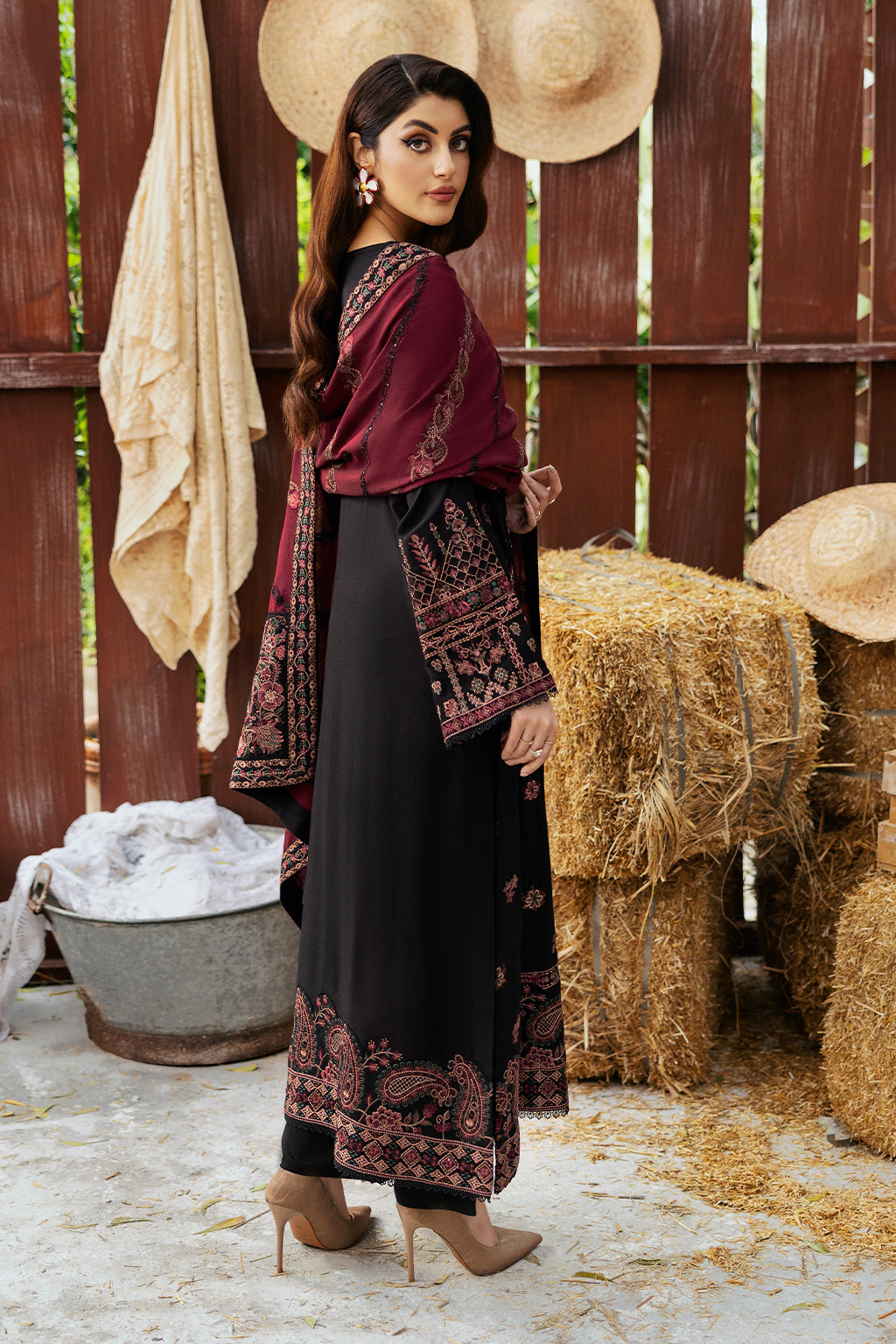 Reet By Ramsha - Three piece embroidered karandi suits with embroidered karandi shawls stitched & embellished | Original Ramsha Karandi Collection 2024 | R-1104