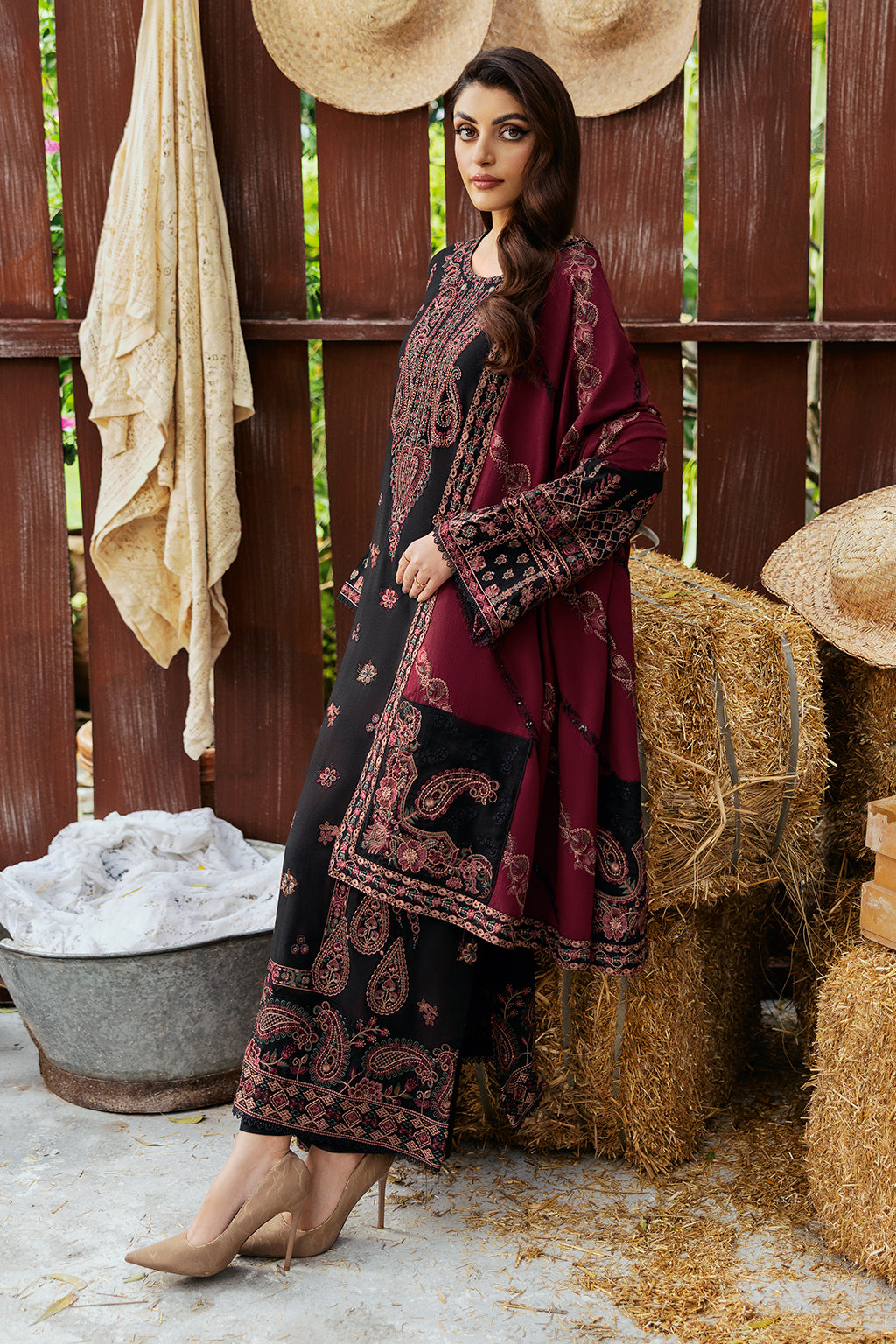 Reet By Ramsha - Three piece embroidered karandi suits with embroidered karandi shawls stitched & embellished | Original Ramsha Karandi Collection 2024 | R-1104