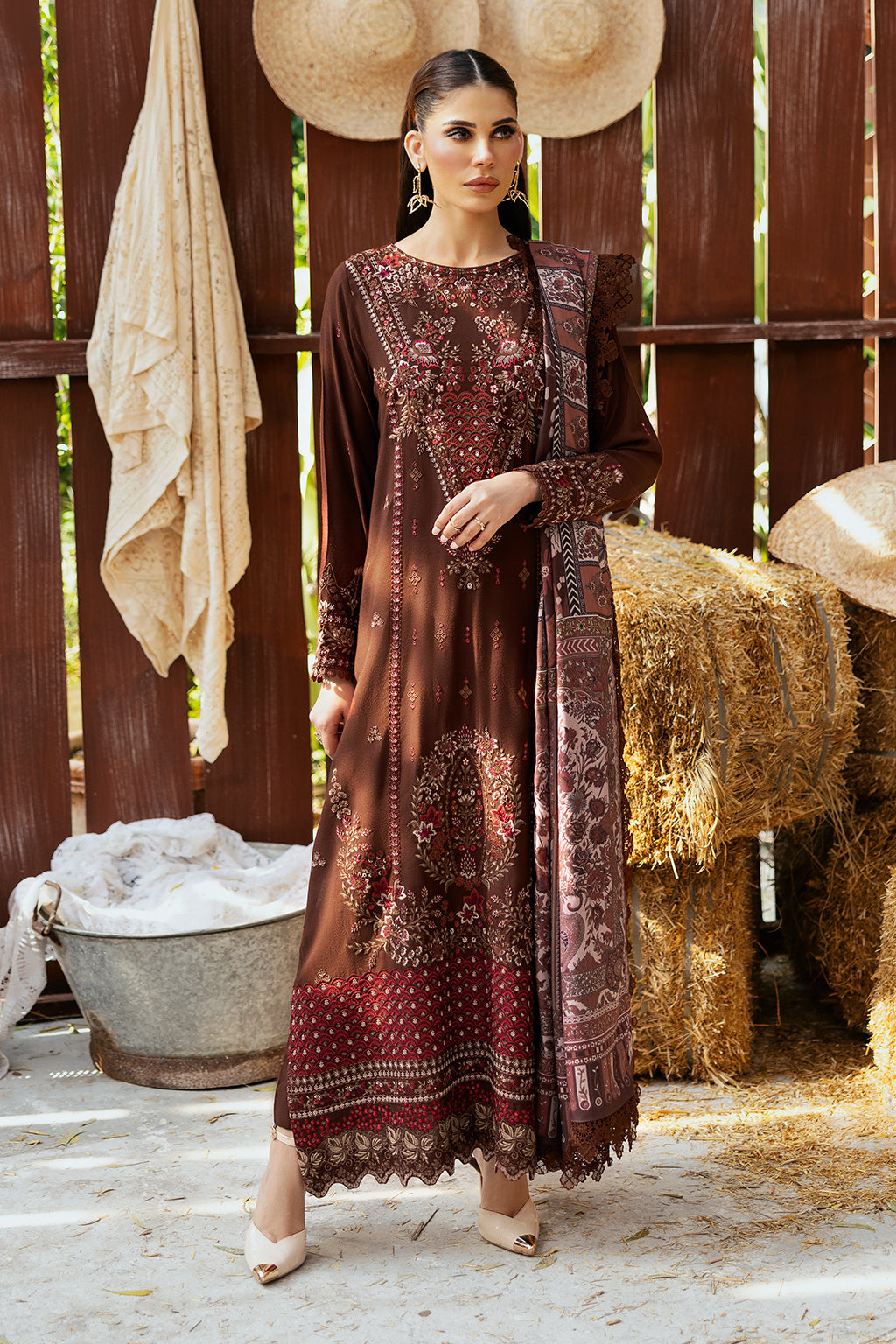 Reet By Ramsha - Three piece embroidered karandi suits with embroidered karandi shawls stitched & embellished | Original Ramsha Karandi Collection 2024 | R-1103