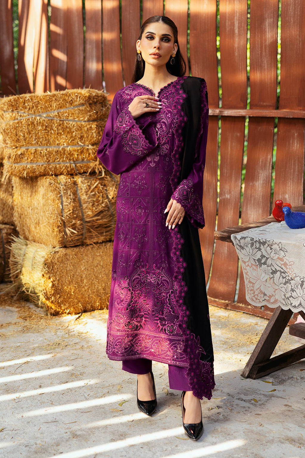 Reet By Ramsha - Three piece embroidered karandi suits with embroidered karandi shawls stitched & embellished | Original Ramsha Karandi Collection 2024 | R-1102