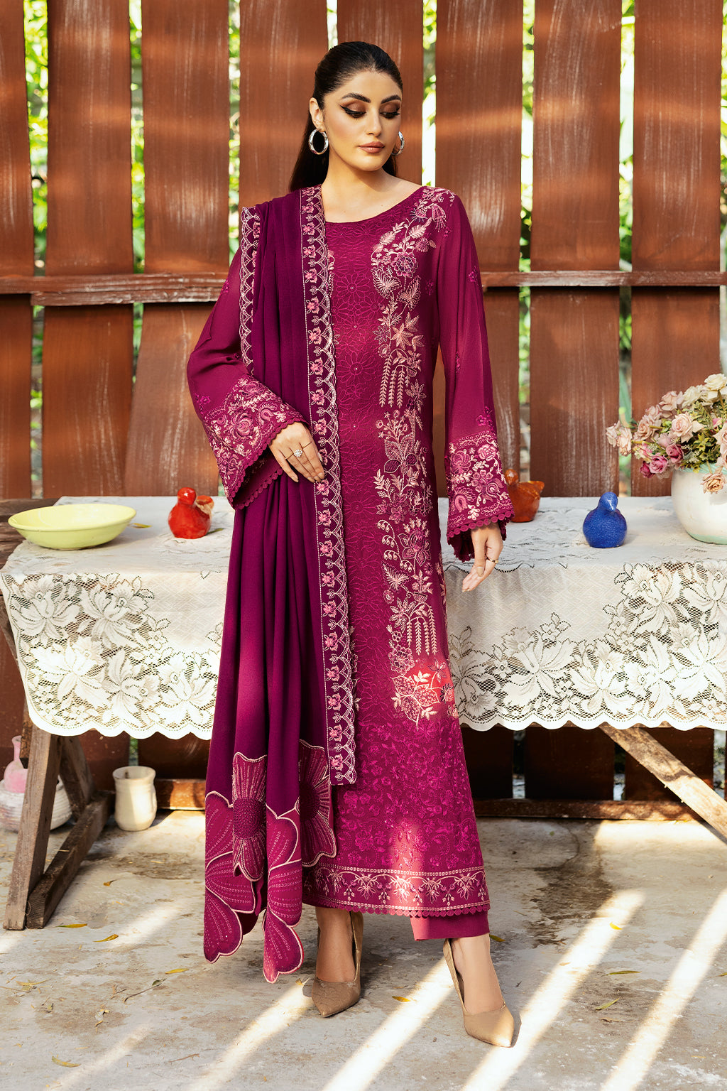 Reet By Ramsha - Three piece embroidered karandi suits with embroidered karandi shawls stitched & embellished | Original Ramsha Karandi Collection 2024 | R-1102