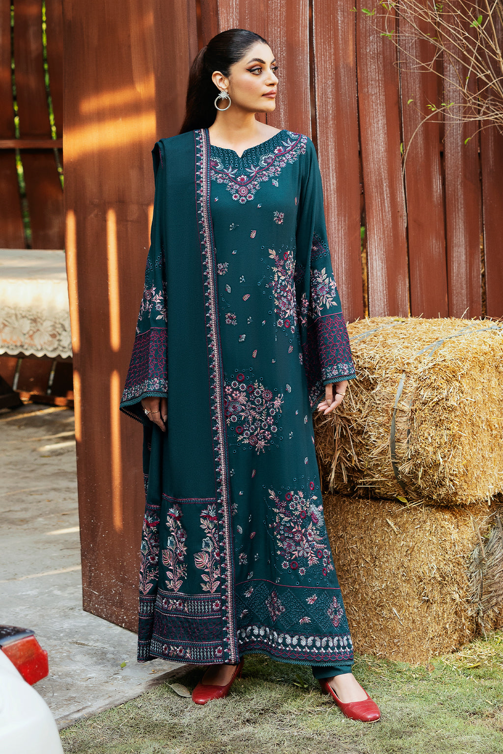 Reet By Ramsha - Three piece embroidered karandi suits with embroidered karandi shawls stitched & embellished | Original Ramsha Karandi Collection 2024 | R-1105