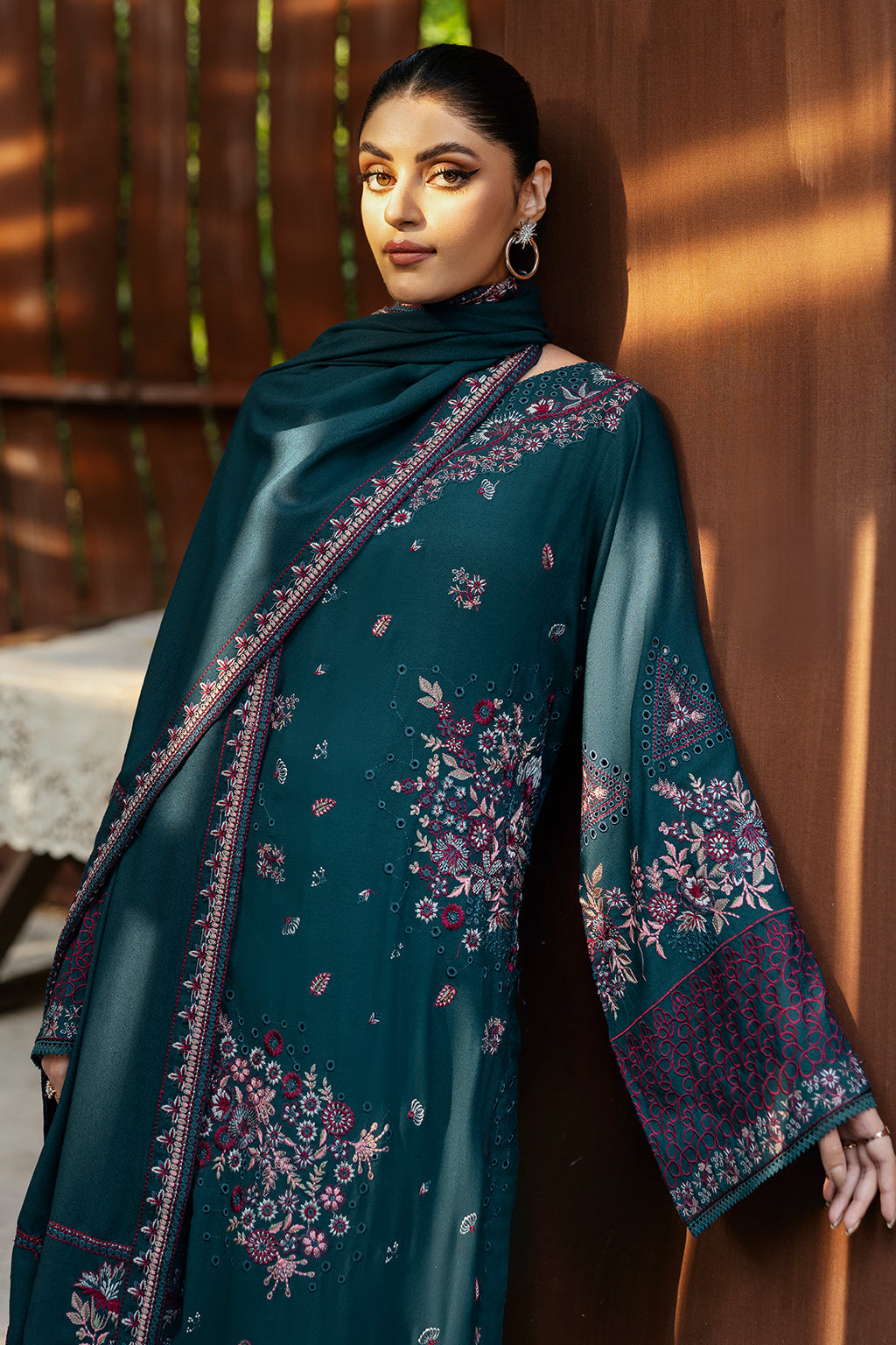 Reet By Ramsha - Three piece embroidered karandi suits with embroidered karandi shawls stitched & embellished | Original Ramsha Karandi Collection 2024 | R-1105