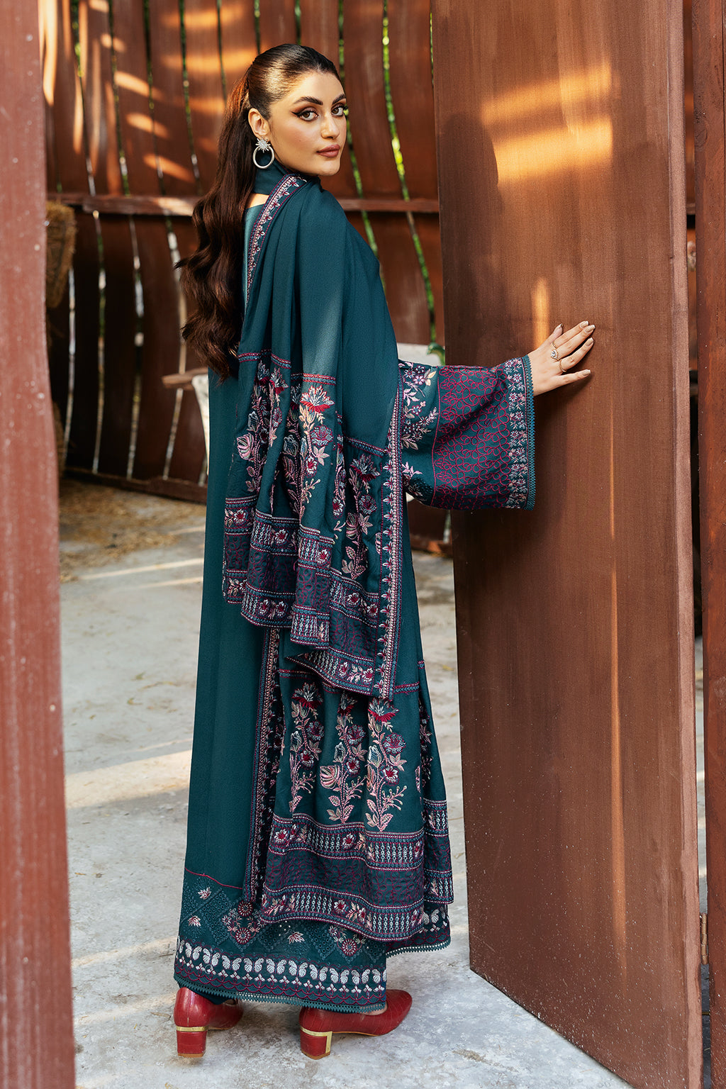 Reet By Ramsha - Three piece embroidered karandi suits with embroidered karandi shawls stitched & embellished | Original Ramsha Karandi Collection 2024 | R-1105